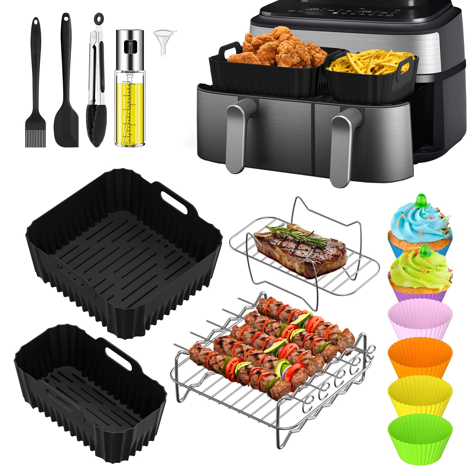 Heißluftfritteuse Zubehör für Philips Dual Basket Airfryer 3000/5000 Serie, Airfryer Zubehör Set für Philips XXL NA352/00 (6L/3L) Inkl Silikonform Grillrost Kuchen Brotform & praktischen Einsätzen
