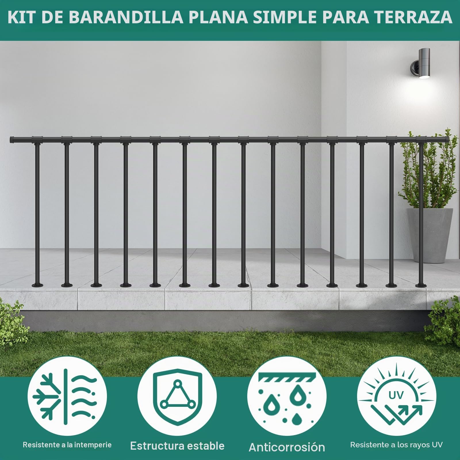 Pasamanos Barandilla de Metal, Kit de Riel con Balaustres Negro | Kit de Barandilla Exterior Terraza para Cubierta Porche Balcón, Barandilla Exterior Plana de Hierro Forjado