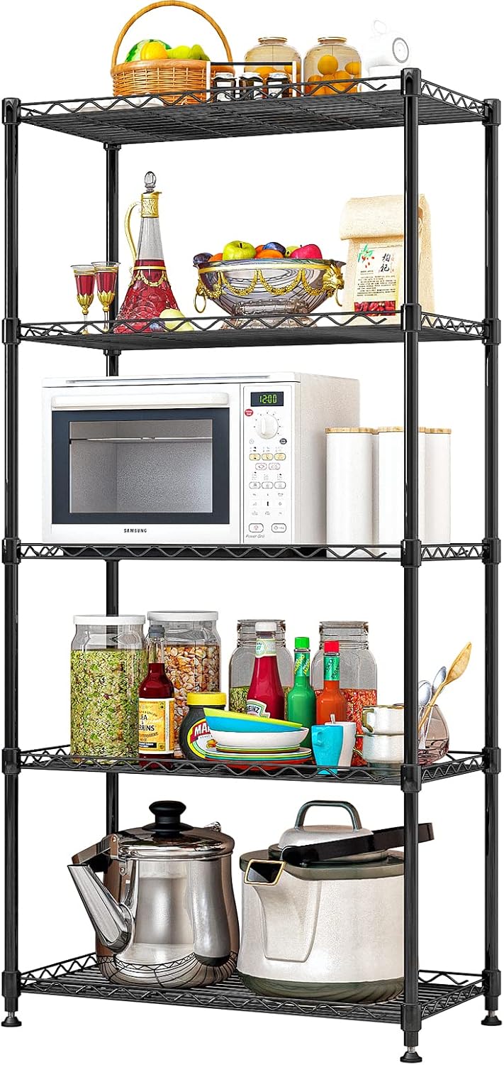 INGIORDAR 5-Shelf Metal Shelving Storage Unit with Adjustable Legs Wire Organizer Rack for Bathroom Kitchen Garage,(Black，29.5 "L x 13.8" W x 62.2 "H)