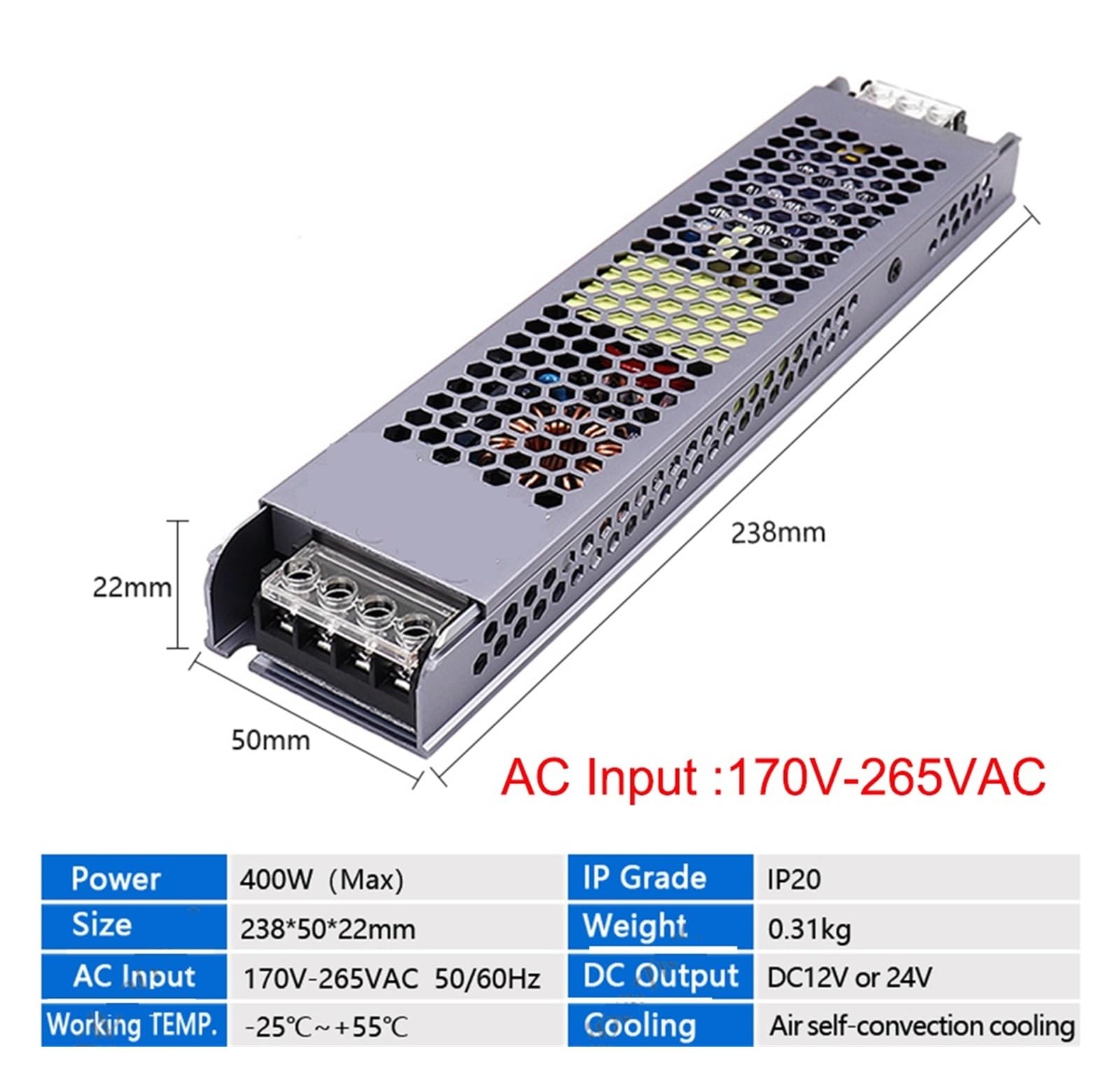 Ultra cienki zasilacz LED, transformatory oświetleniowe DC 12V 24V, 400W AC 170-265V sterownik do diod LED Strip Lights Bezpieczeństwo użytkownika(12V)