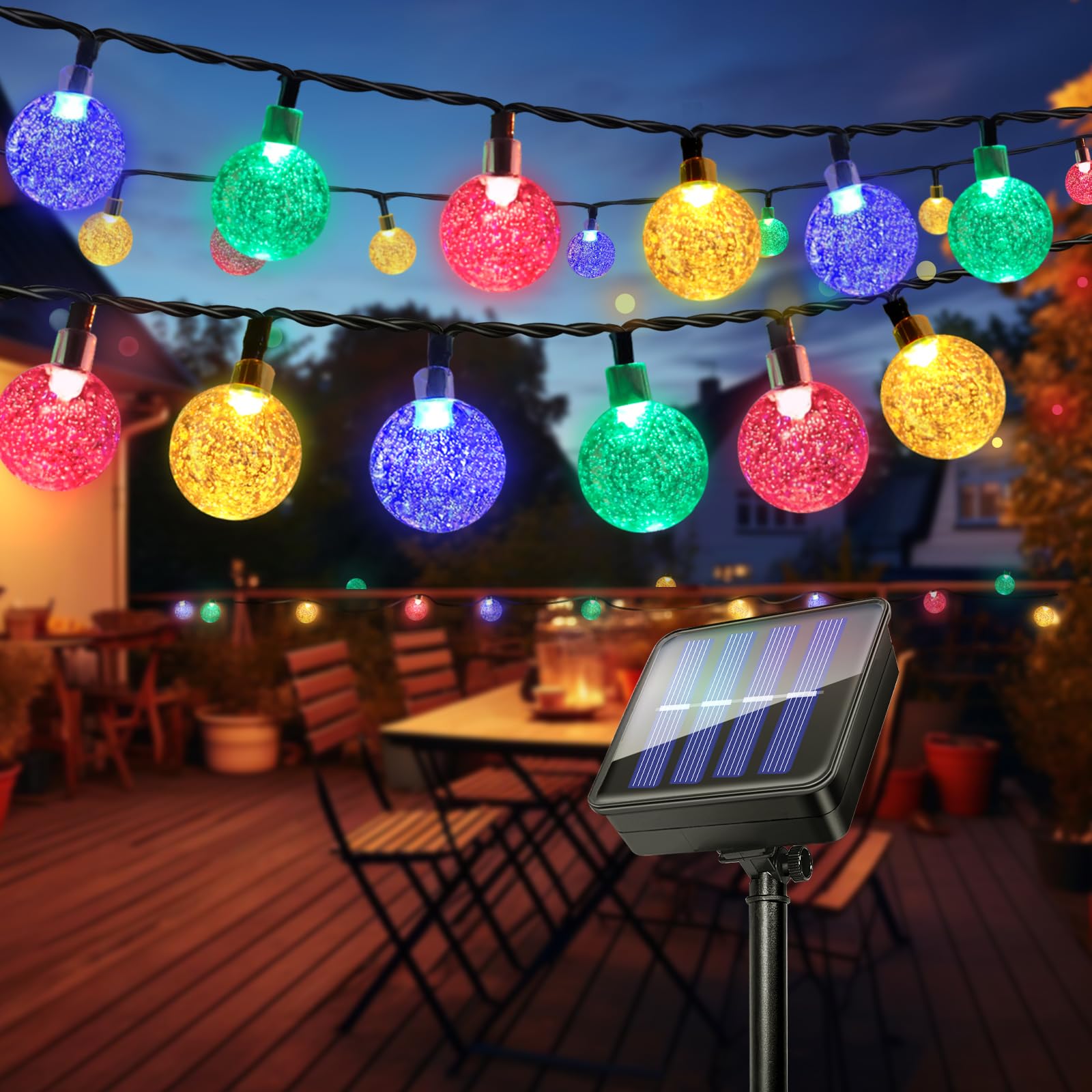 Guirnaldas Luces Exterior Solares, 11M 60LED Guirnalda Luces Solar, IP65 Impermeable, 8 Modos Cadena Luce Solar, Interior y Exterior Cadena Bombilla para Jardín, Patio, Fiesta, Navidad (Multicolor)