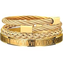 WFYOU 3PCS Stainless Steel Bracelets for Men Gold Roman Numeral Bangle Bracelet Twisted Cable Bracelet Adjustable Cuff Bracelet Mens Luxury Jewelry Bracelets Gifts
