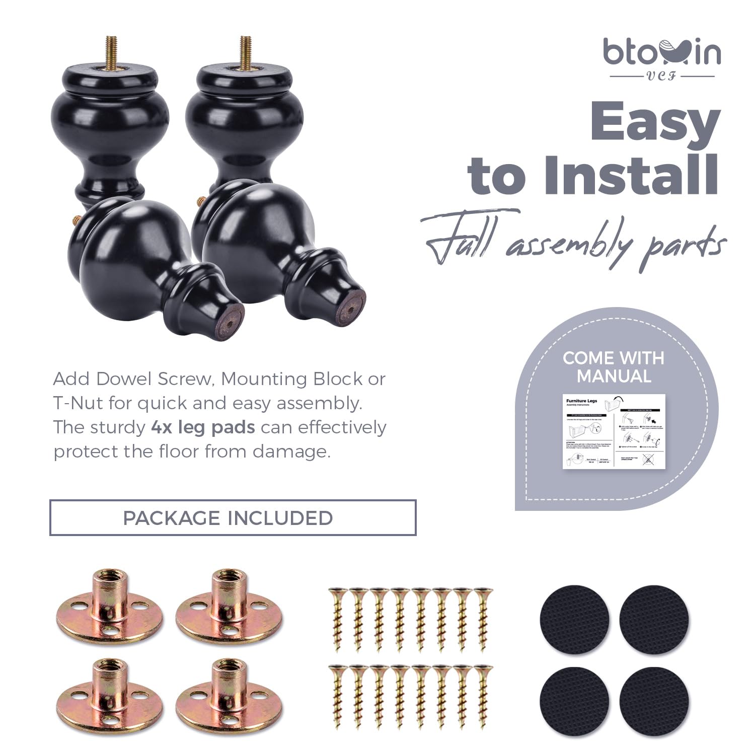 Btowin 5.2 Inch / 13cm Solid Wood Furniture Legs,4Pcs Sofa Legs Wooden Bun Feet with Threaded M8 Hanger Bolts &Mounting Plate &Screws for Sofa Cabinet Ottoman Armchair,Black - Image 4