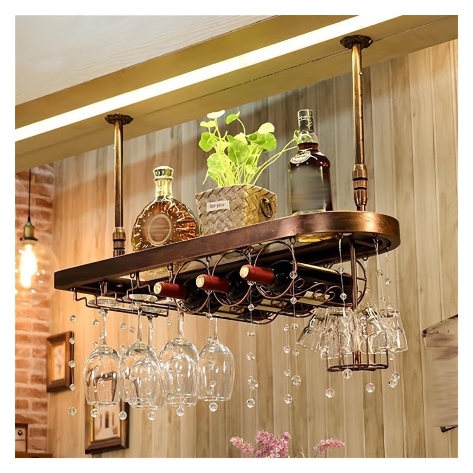 Porte verre vin rustique et bois suspendu réglable 60cm pour bar de cuisine