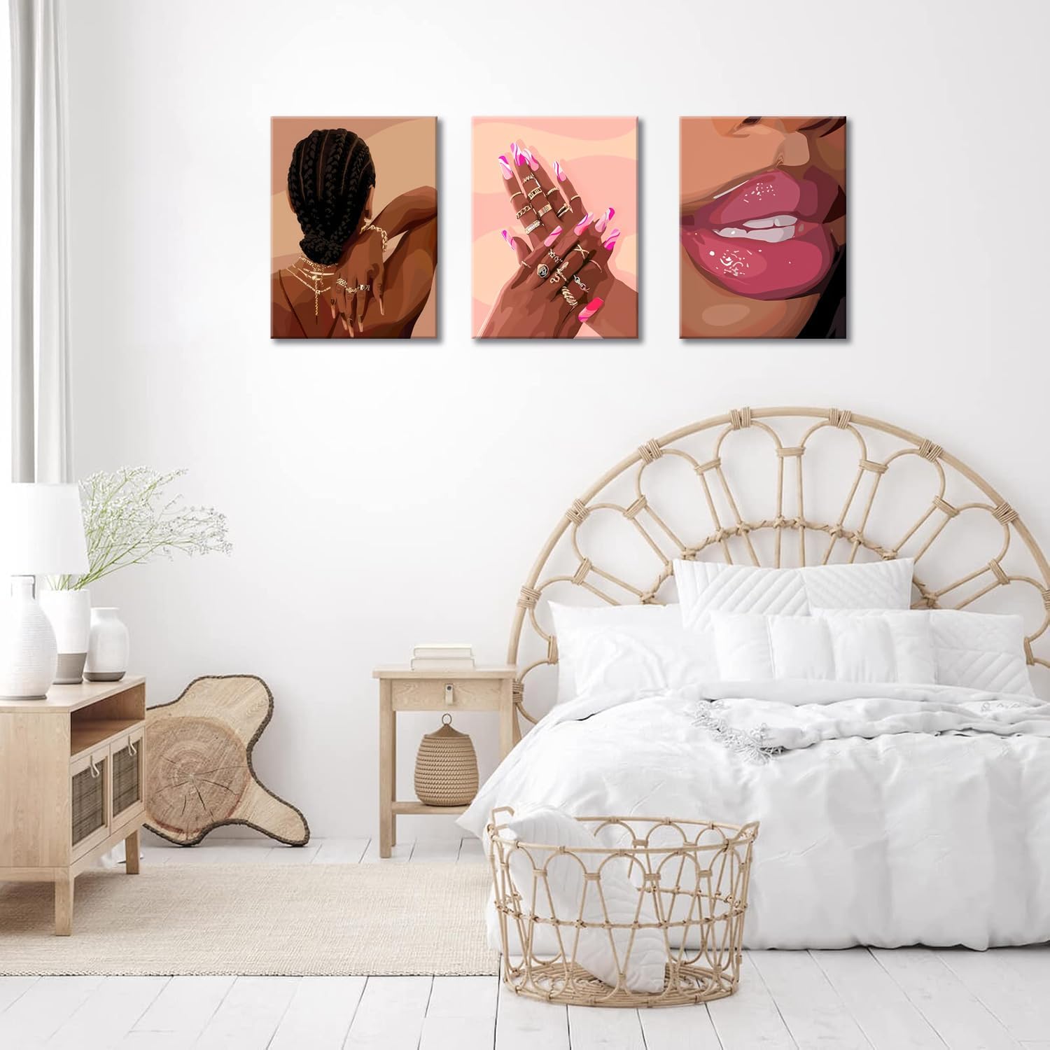 Black Girl Pink Wall Art Set of 3 African American Black Women Canvas Posters Fashion Black Girl Wall Decor Pictures Prints for Home Living Room Bedroom Bathroom Decoration 12x16 Inch Framed