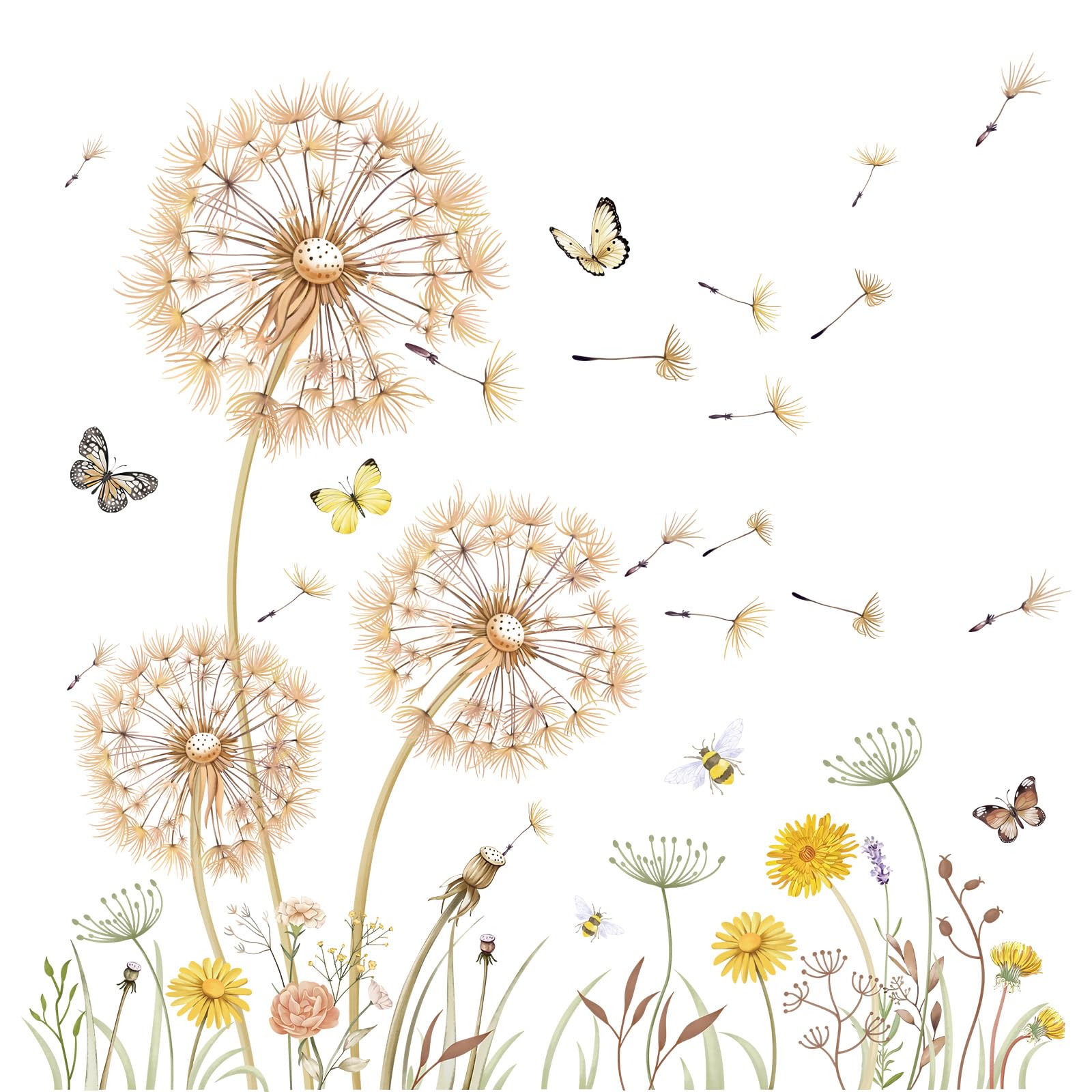 FUFUQUARE Yellow Dandelion Wall Stickers Boho Floral Butterfly Wall Art Decal Peel and Stick for Living Room Bedroom Nursery Background Décor