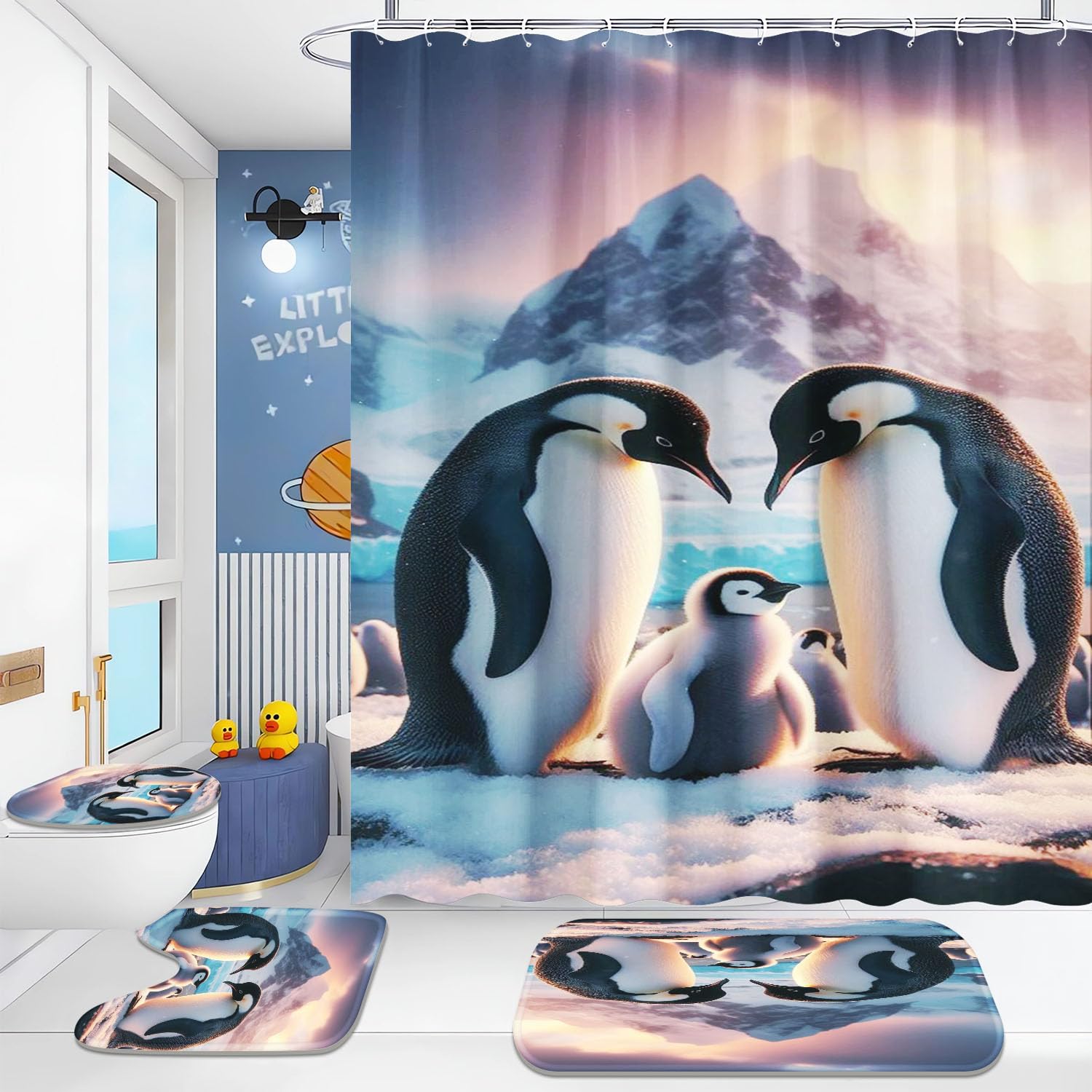 Pinguin Duschvorhang 120x200cm, 3D Süßer Pinguin Kinder Badvorhang Wasserdichtes Polyester Funny Penguins Duschvorhang Badezimmermatte 4-teiliges Set (6,180x200cm)