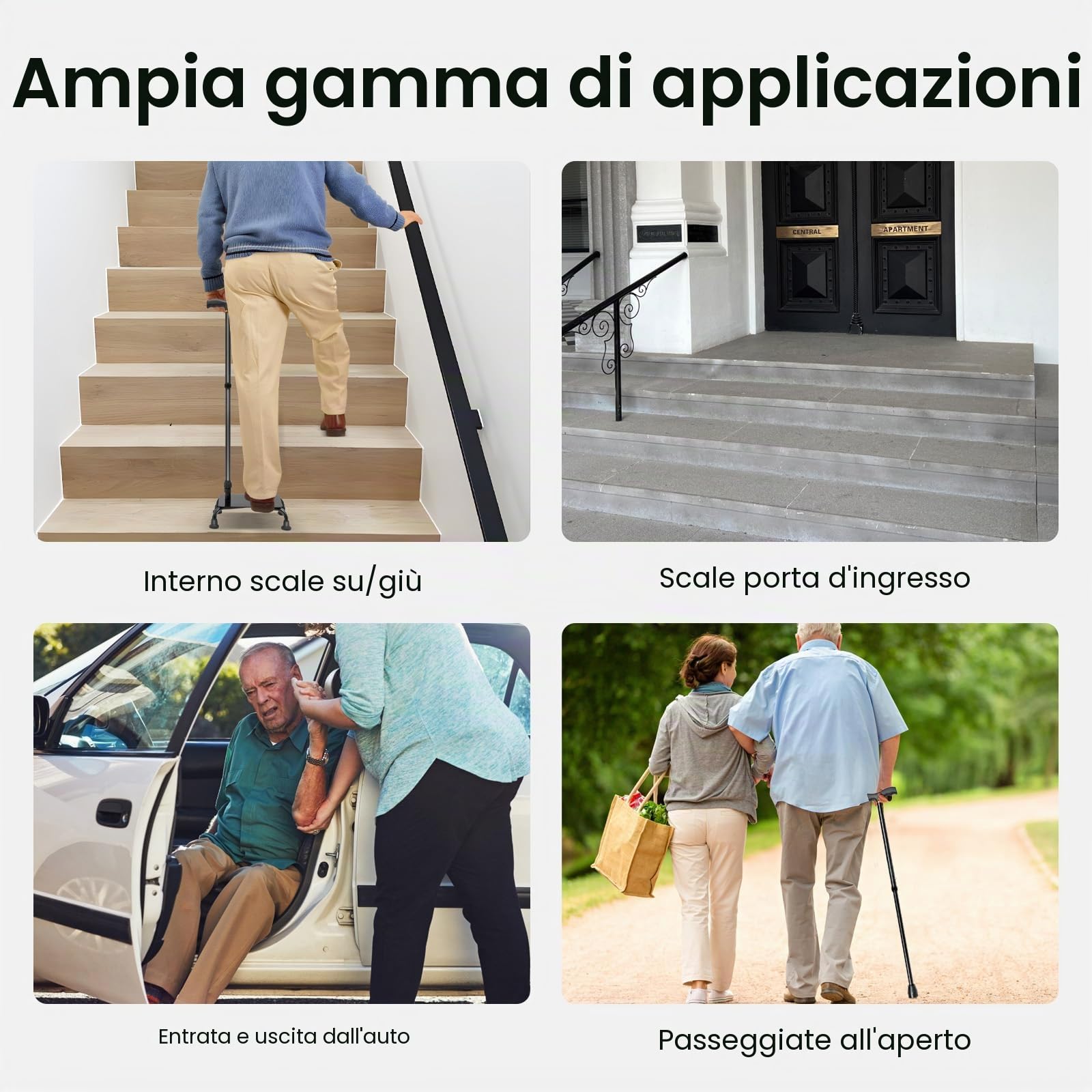 Bastone ausiliario per salire le scale, sollevatore per scale, altezza regolabile 85-105 cm, con piedini in gomma, per evitare fino a 150 kg, colore: nero