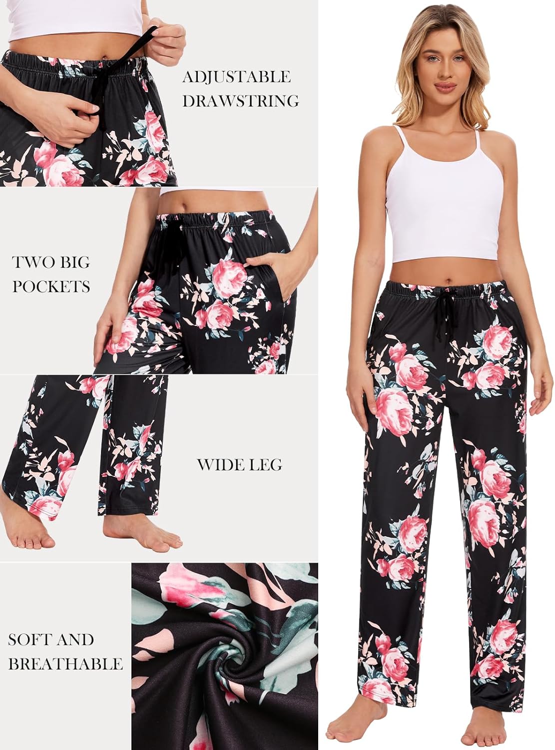 Plaid Casual Pants for Women Loose Pajama Pants Elastic Waist Drawstring Pants with Pockets 2 Pack - Image 5