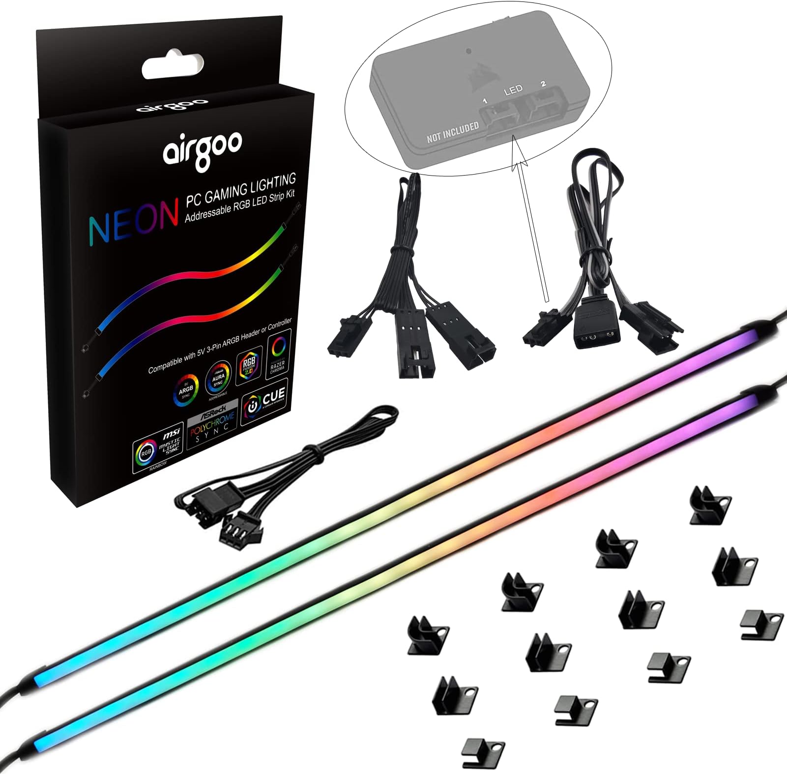 airgooNEON Addressable RGB PC LED Strip, 15.75 x 0.55 x 0.28 inches diffused Silicon Rubber Tube, for 5V 3-pin argb Header or Corsair Controller, Come with Magnetic Brackets