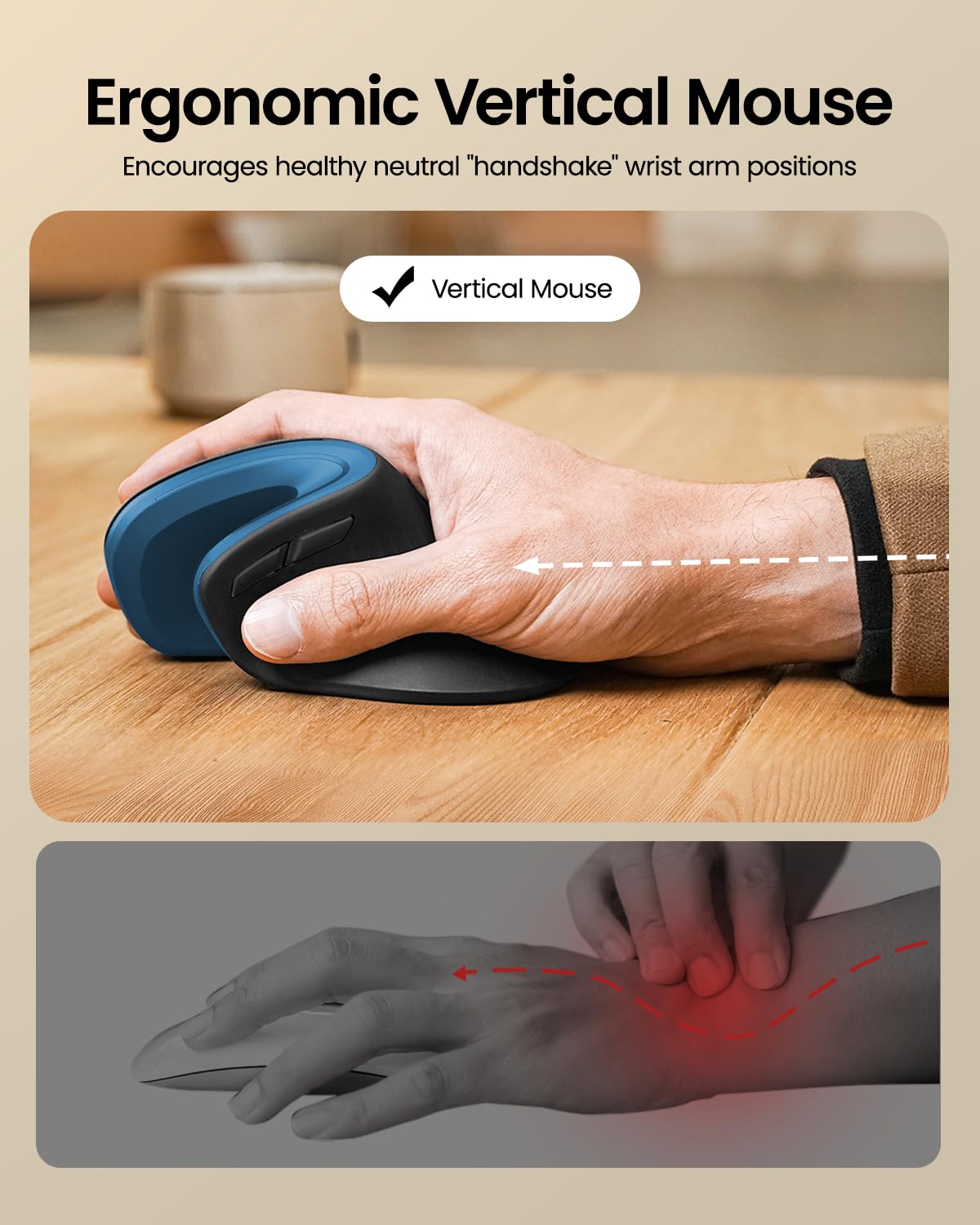 ProtoArc EM11 NL Mouse Ergonomico Verticale Senza Fili, Ottico Ricaricabile Con 3 Porte Dispositivi (2*Bluetooth & USB), 3 DPI Regolabili per Computer, iPad, Mac, Windows - Nero Blu