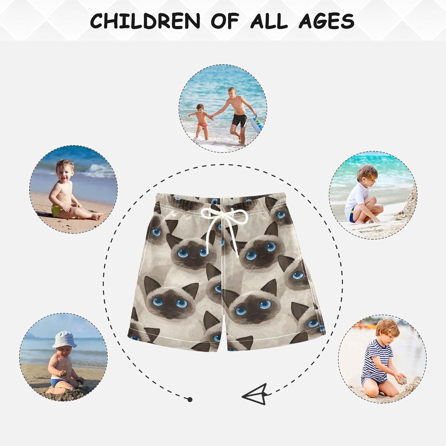 Boccsty Cartoon Siamese Cat Faces Boys Swim Trunks Baby Kids Swimwear Summer Toddler Beach Board Shorts Bathing Suit 2T