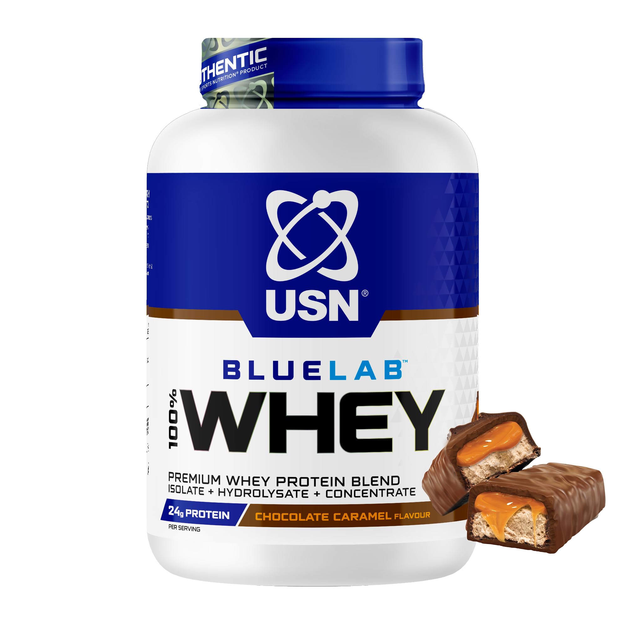 USN BlueLab 100% Whey Protein Powder 2kg (58 Servings) - 24g Protein - Whey Isolate, Hydrolysate & Concentrate Blend - High Protein Shake for Muscle Growth & Recovery - Chocolate Caramel