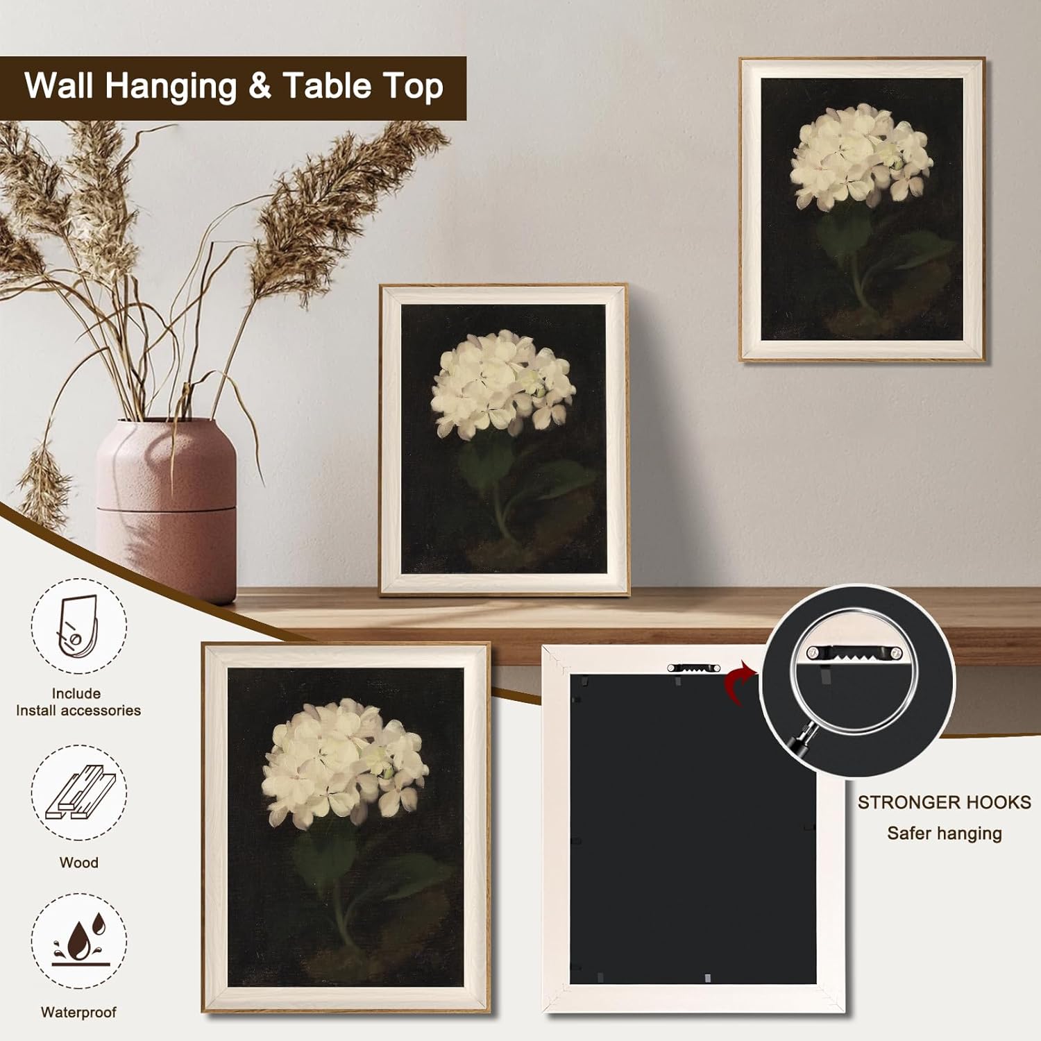 Framed Flower Wall Art, Vintage White Hydrangea Still Life Floral Art Prints, Moody Vintage Canvas Oil Painting, Antique Botanical Floral Wall Decor Pictures for Bedroom, Kitchen, Shelf, Bathroom Wall Decor - 12x16Inch