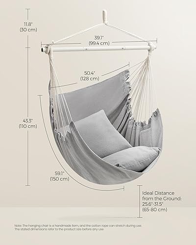 Miniatura 5 de SONGMICS Silla tipo hamaca, silla colgante con 2 cojines, hamaca grande con cadena y bolsillo, capacidad de carga de 330 libras, para interiores,