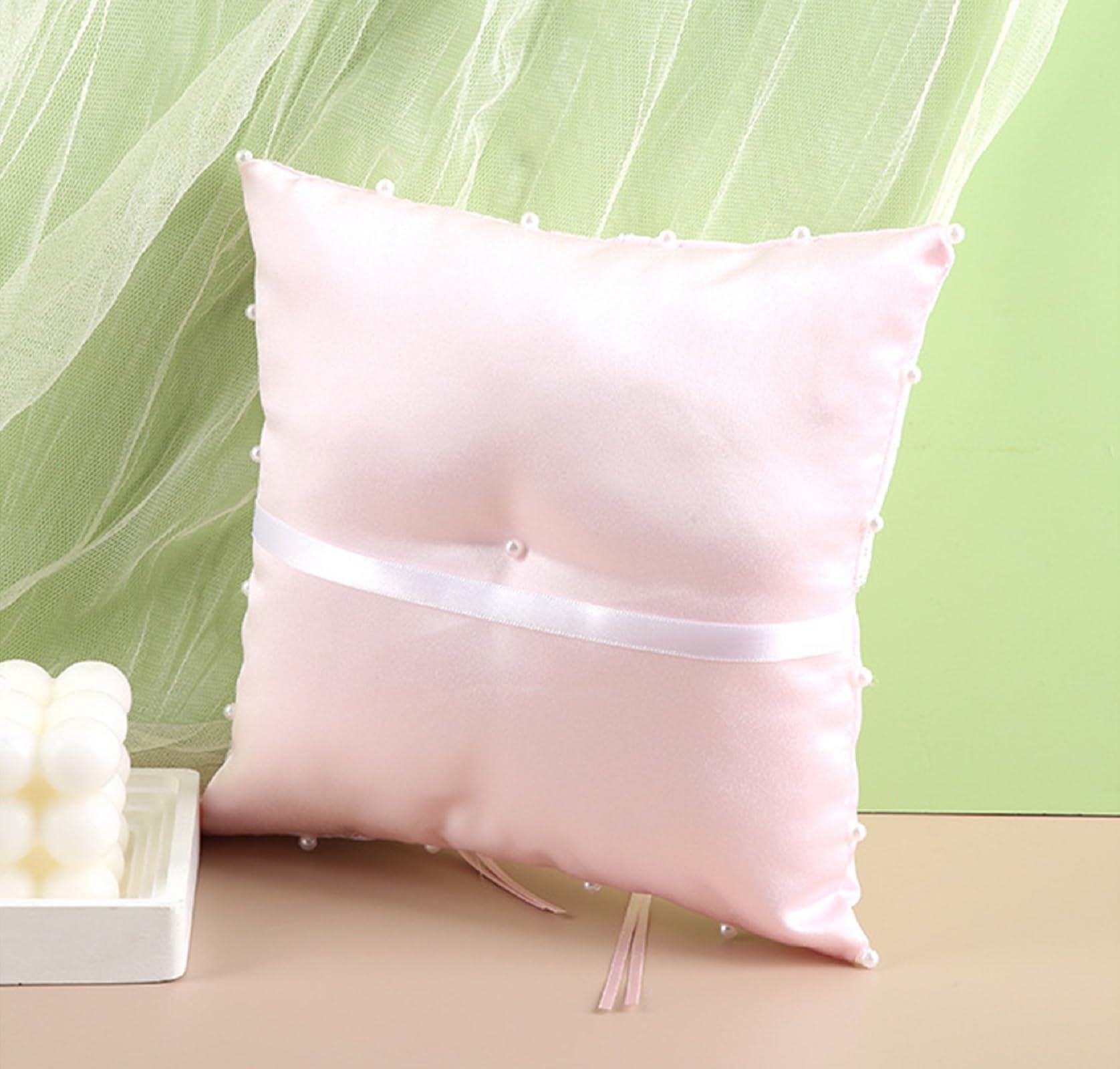 LABJULY Pink Ring Pillow with Bow, 7.8 inch Pink Ring Bearer Pillow for Wedding Ceremony