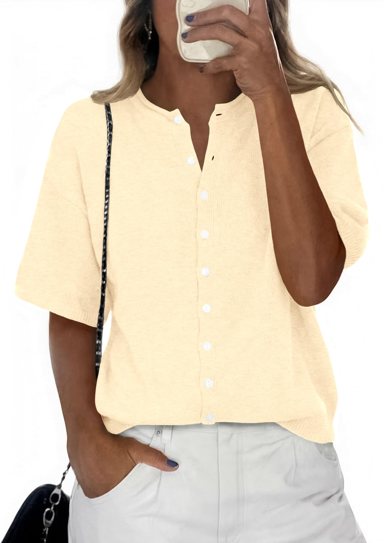 Womens Short Sleeve Button Down Cardigans Lightweight Spring Summer Casual Knit Crew Neck Sweater Tops-image-41