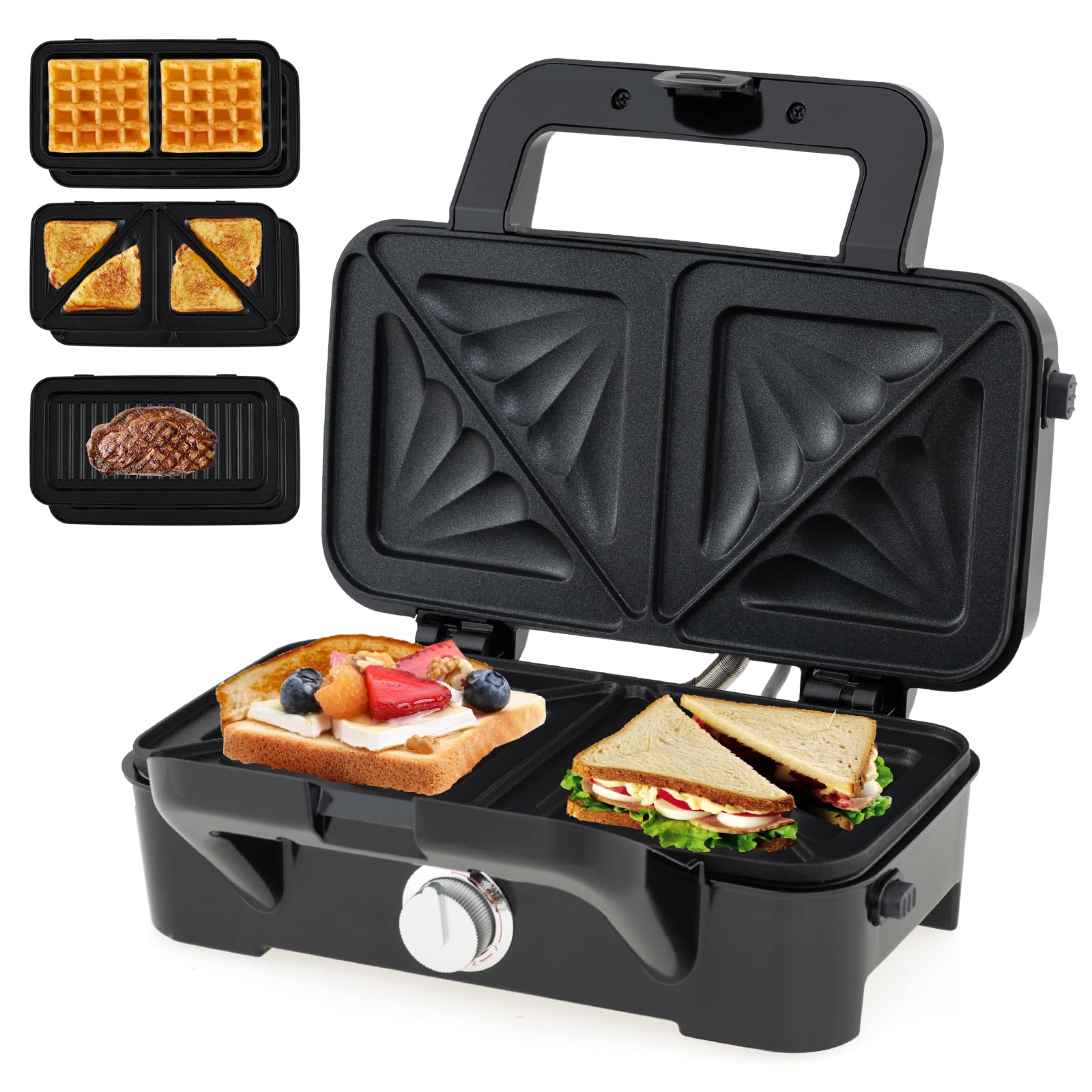 COSTWAY Appareil Croque Monsieur 3 en 1 avec Plaques Antiadhésives Amovibles Facile à Nettoyer et Résistant aux Brûlures, Gaufrier 1200W, Sans BPA, Machine à Sandwich, Éclairage LED