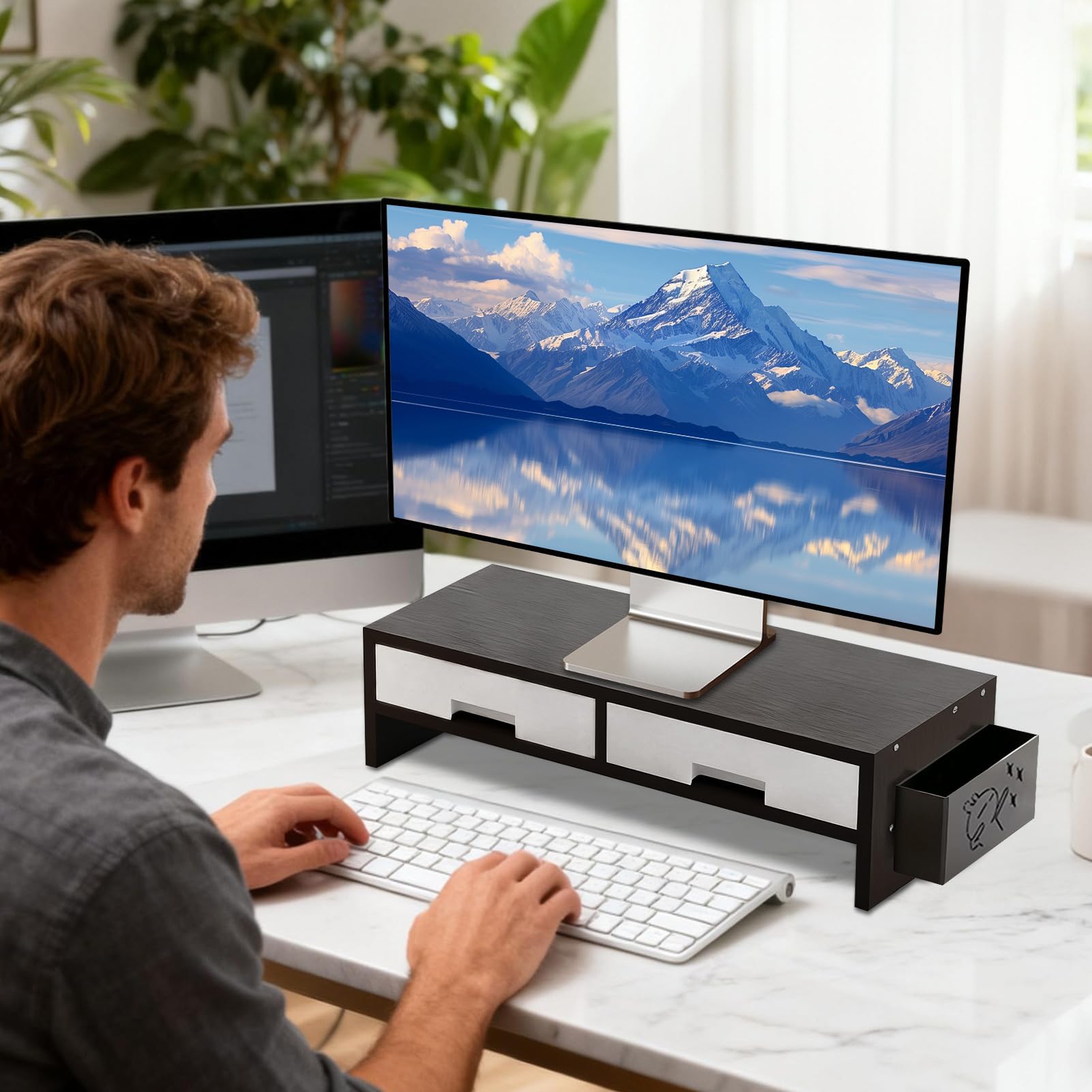 Générique Base Da Scrivania Per Monitor Organizzatore A Doppio Cassetto | Supporto per monitor da scrivania per computer per ufficio a casa studio interno