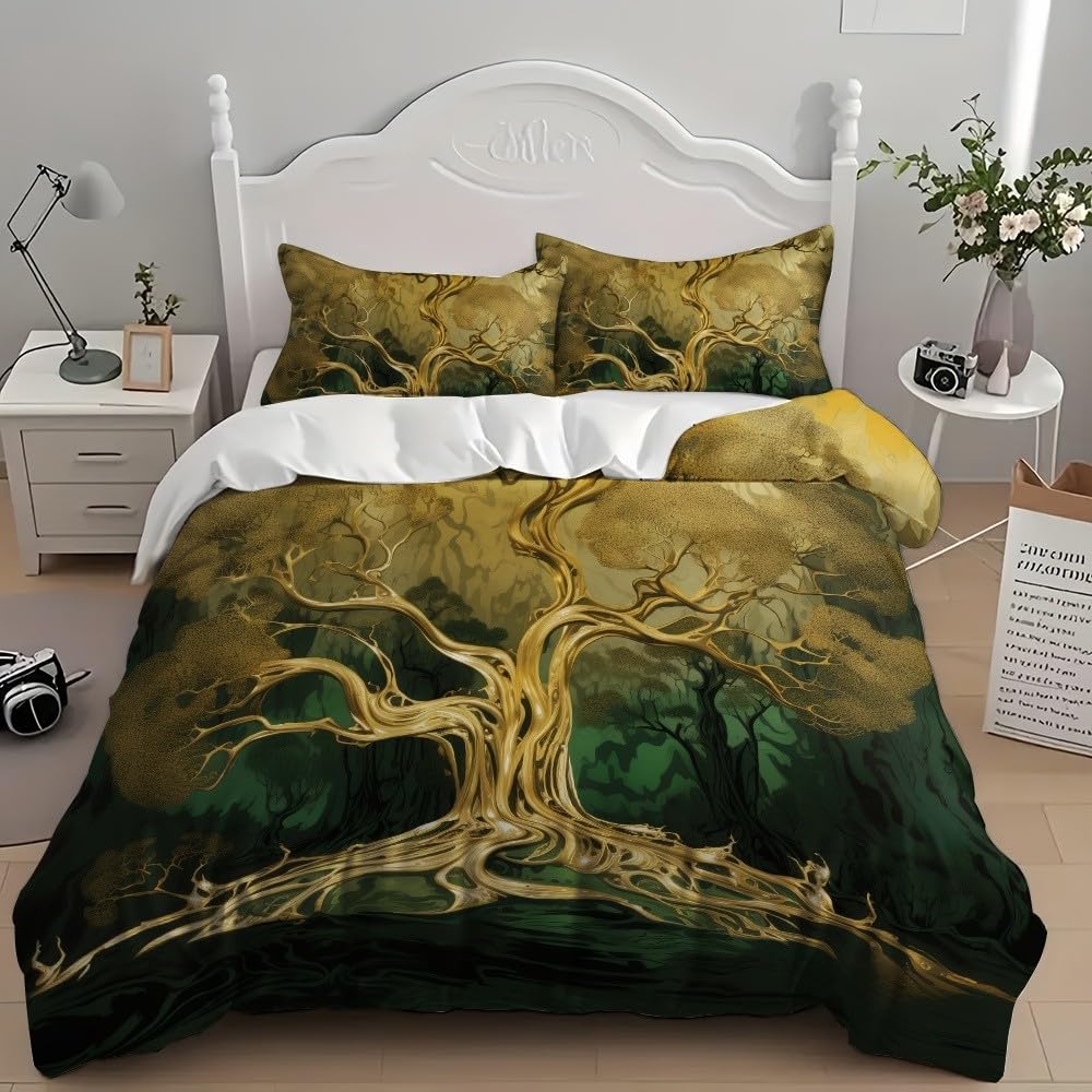 Housse de Couette 240x220 Dorée Arbre Abstrait en Microfibre Douce pour Lit 2 Personnes
