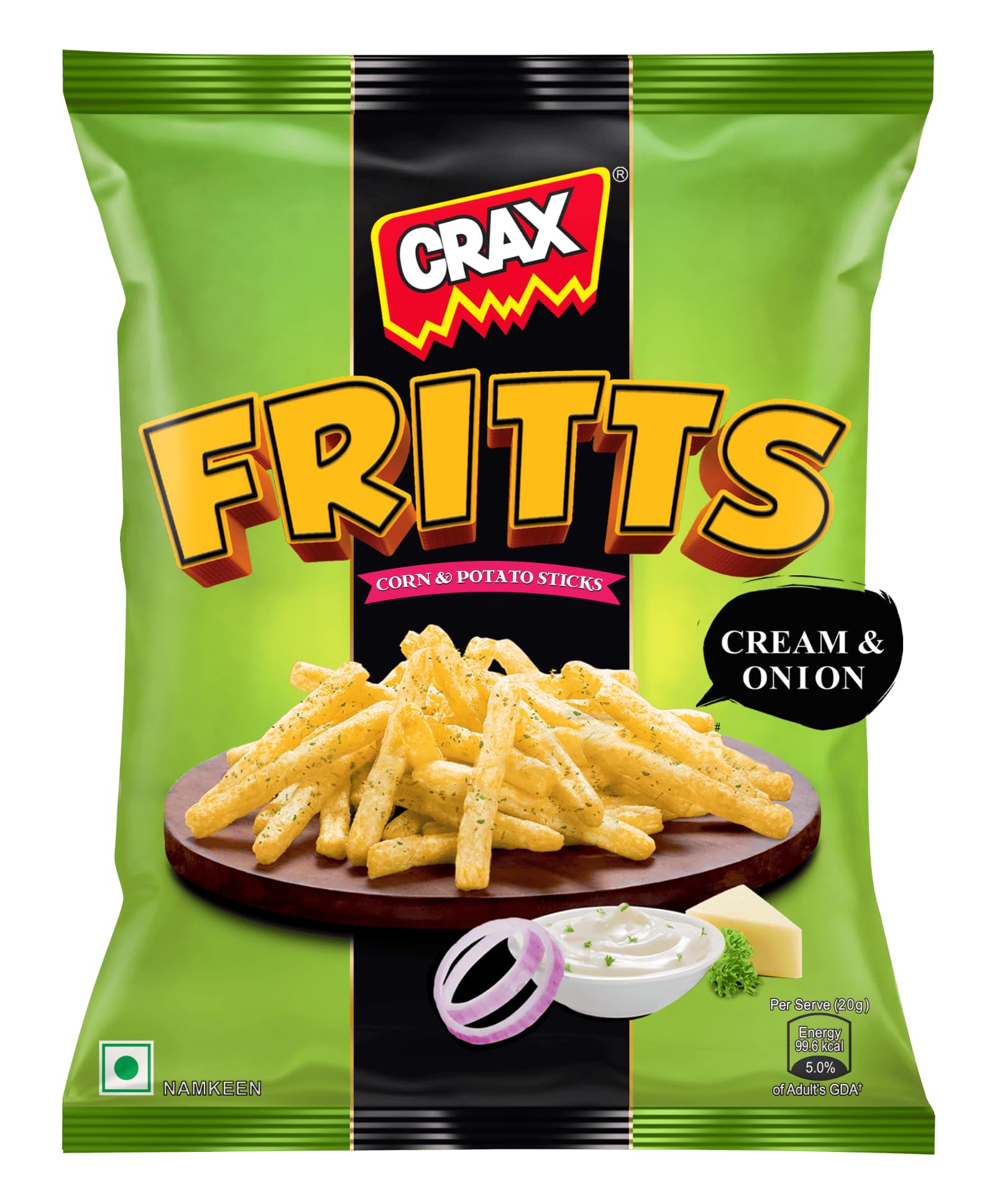 Crax Fritts Corn & Potato Stick, American Style Cream & Onion 55g/60g | Non Fried | Social Gatherings, Fun Snack | Crunchy Gourmet Snacks for Parties, Drinks, Tea & Coffee | 100% Vegetarian (Weight may vary)