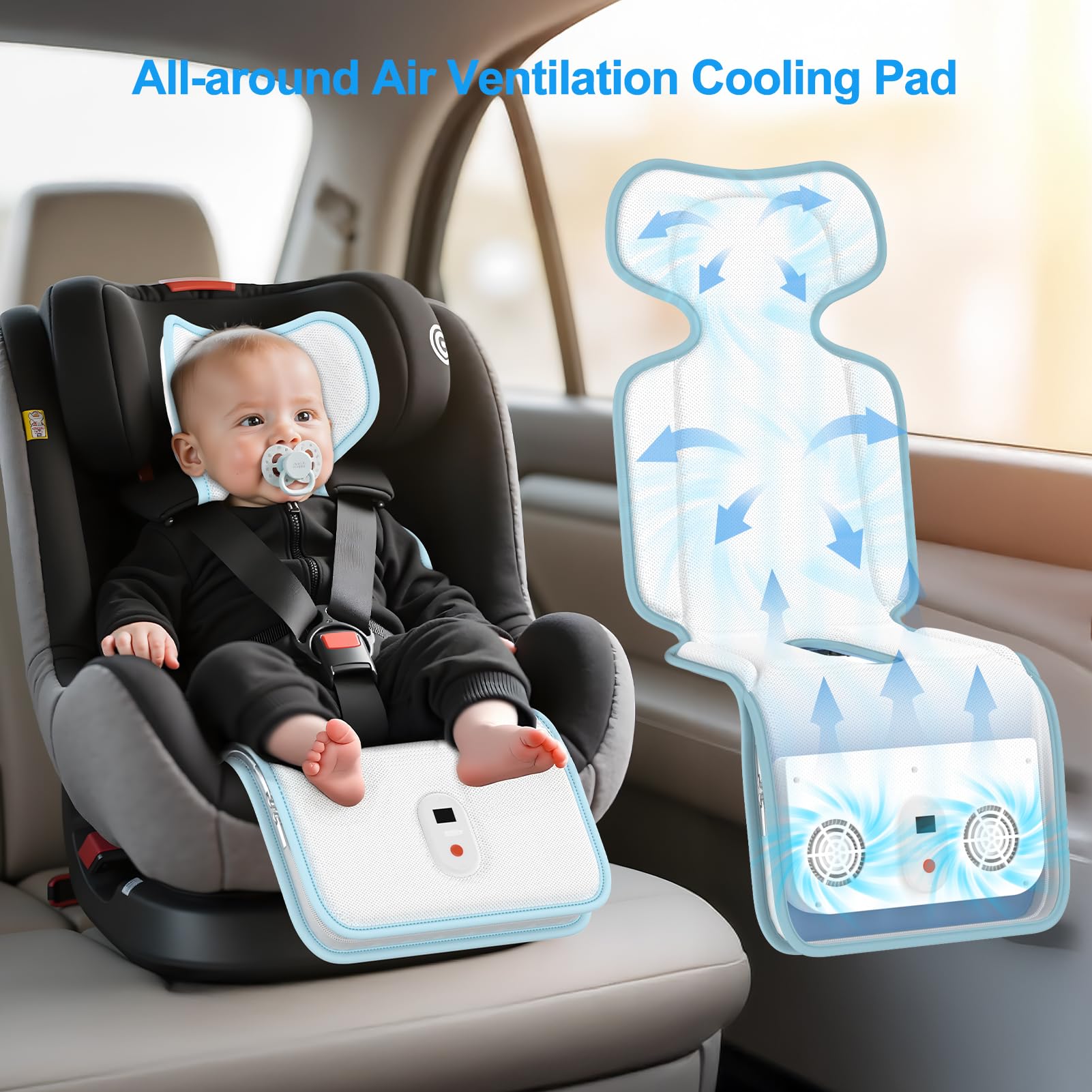 Tappetino di raffreddamento per passeggino, fino a 10 ore di raffreddamento, 10000 mAh, ricaricabile, con 2 ventilatori integrati, 3 velocità, essenziale per l'estate, cuscino rinfrescante per bambini