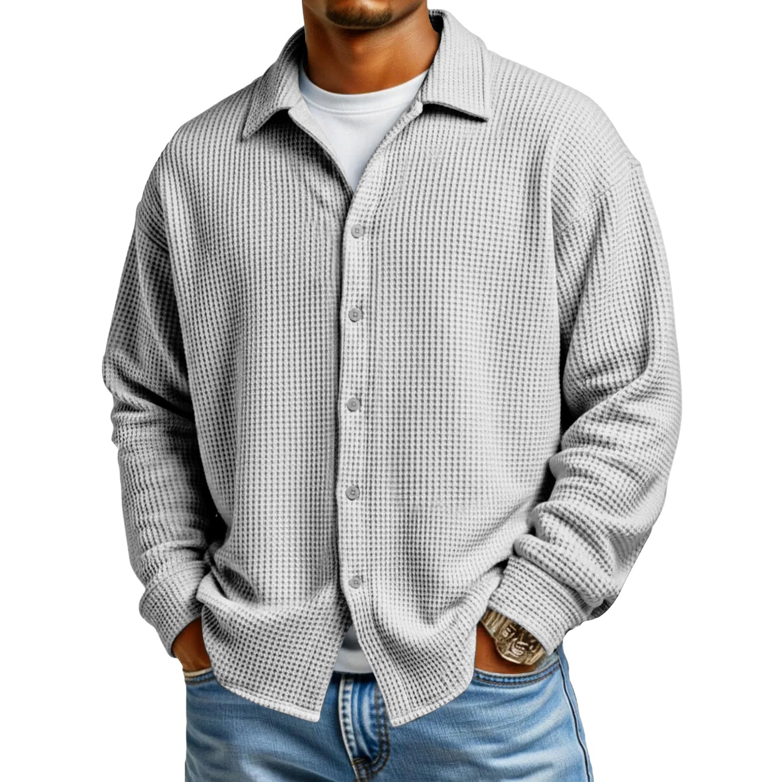Mens Button Down Shirt Big and Tall Untucked Long Sleeve Dress Shirts Collared Waffle Knit Business Casual Shirts