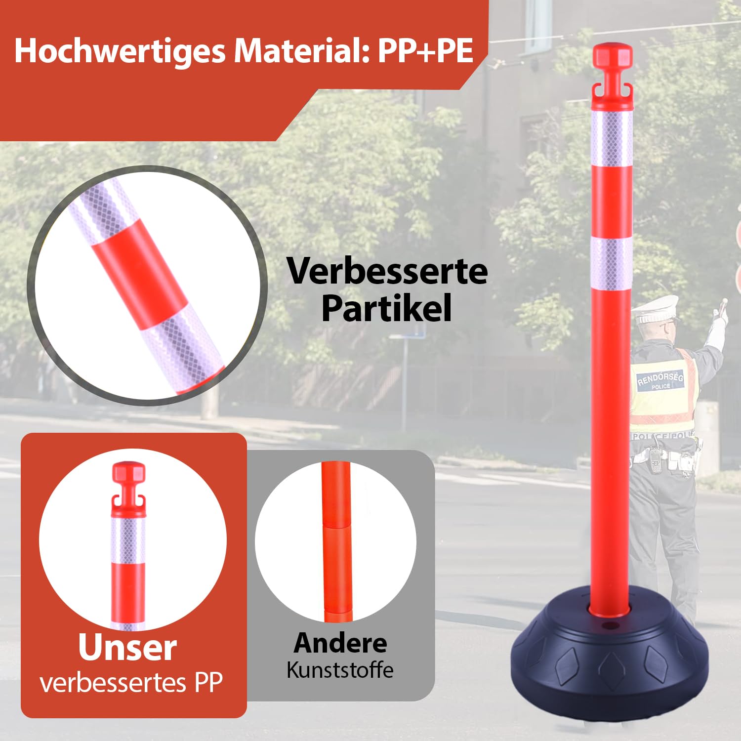 Paquete de 6 postes de barrera de plástico con 4 cadenas de barrera de 200 cm, postes de plástico con base rellenable, para control de tráfico y delimitación de estacionamiento (Rojo)