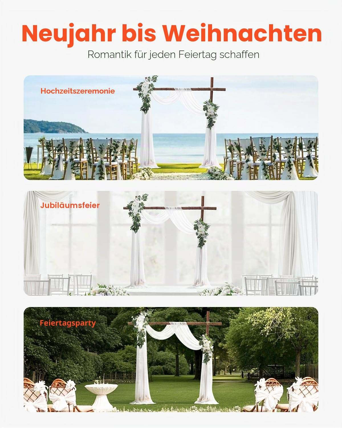 VEVOR Blumenset für Hochzeit Bogen, weiße Blumen für Traubogen mit Vorhängen (3er-Set) – 2 Blumenarrangements, 1 transparente Vorhänge, für Zeremoniensträuße, Empfangshintergrunddekoration