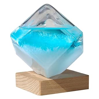 Storm Glass Weather Station Weather Predictor Barometer Bottle Blue Water Cube with Wood Base for Home Office Decoration Large
