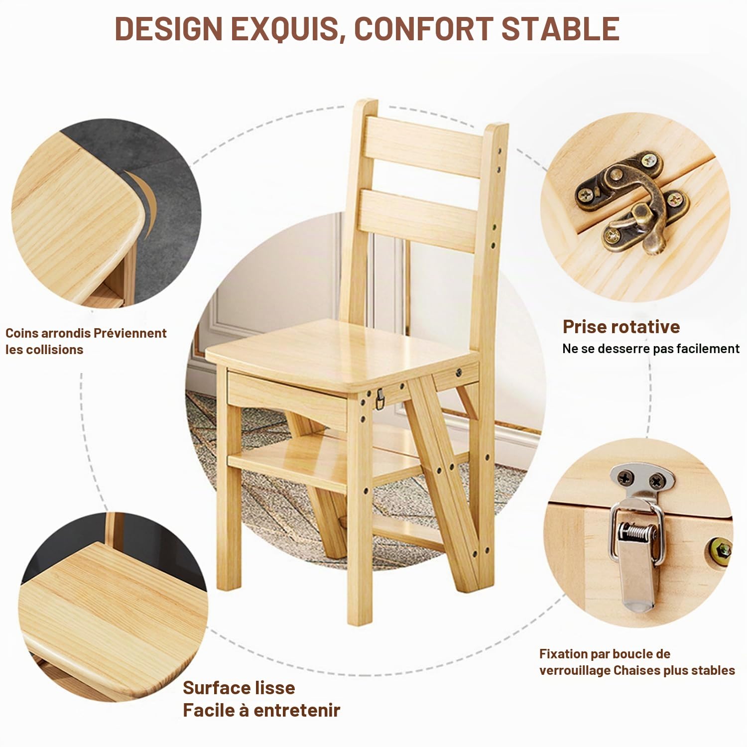 Chaise échelle Pliante 3 en 1 en Bois Massif, escabeau Convertible et présentoir, échelle multifonctionnelle à 4 Niveaux, pour la Maison, la Cuisine, la bibliothèque, capacité de 150kg (Bois)