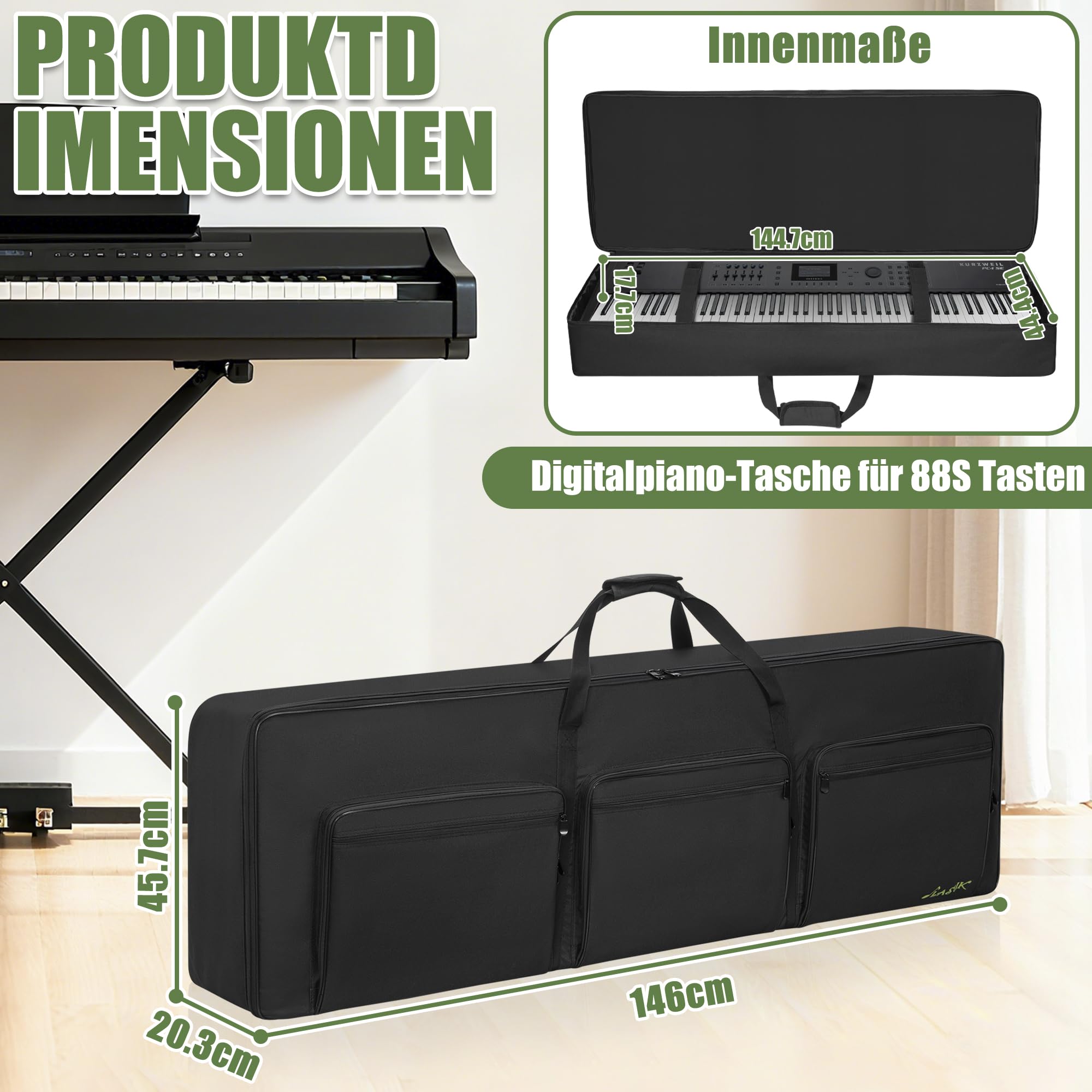 88 Key Keyboard Tasche, Robuste 600D Oxford Keyboardtasche 88 Tasten mit 10 mm Polsterung, Keyboard-Gigbag mit Griffen und Schultergurten für Digitales E-Piano (146x45.7x20.3CM)