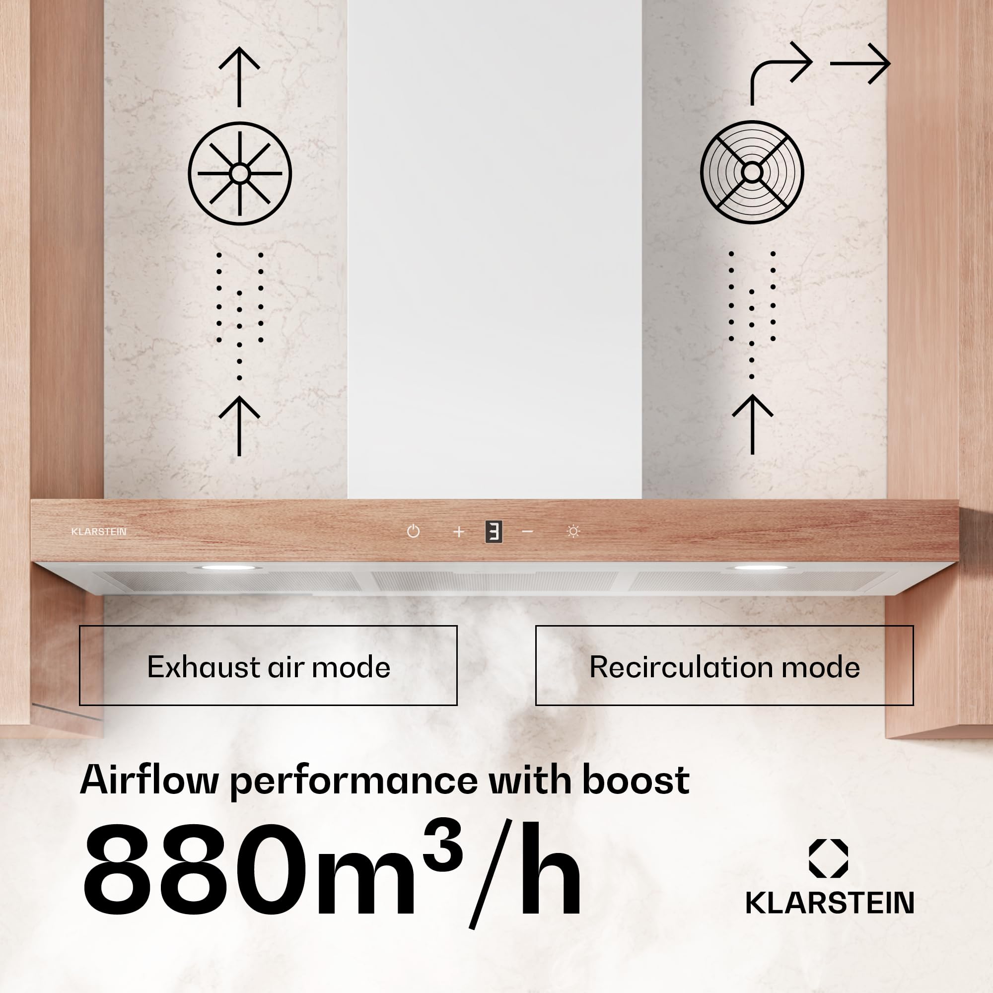 Klarstein ZenFusion T okap kuchenny – montaż ścienny 90 cm, zwiększenie 885 m³/h, obsługa dotykowa, klasa efektywności energetycznej A++, LED 4000 K, cichy 47 dB, biały, wywiew i obieg