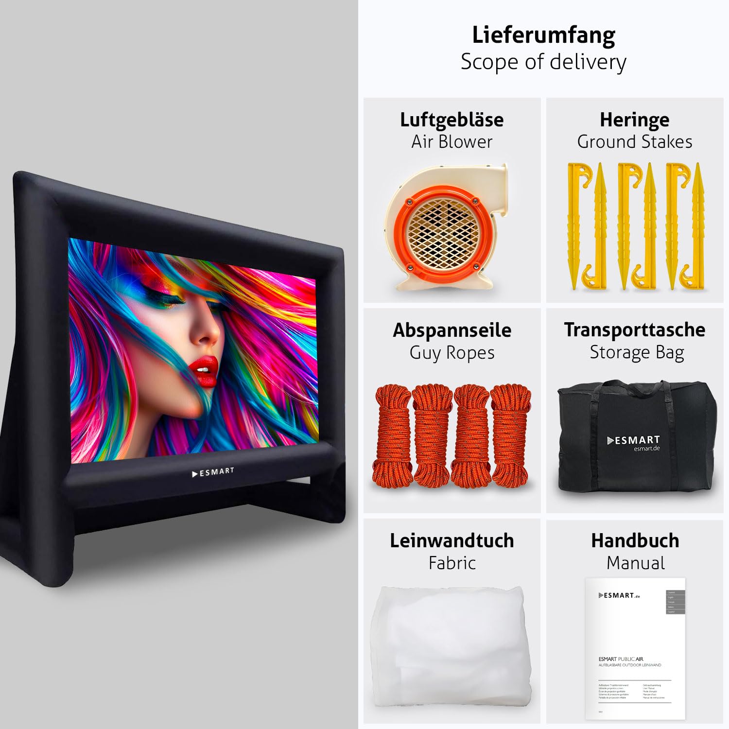 ESMART Public AIR 16 Aufblasbare Outdoor Leinwand 302 x 168 cm (135") 16:9 Beamer & Kino Leinwand mit Luftgebläse & Tragetasche | Front- & Rückprojektion | schneller Aufbau | Gartenkino & Events