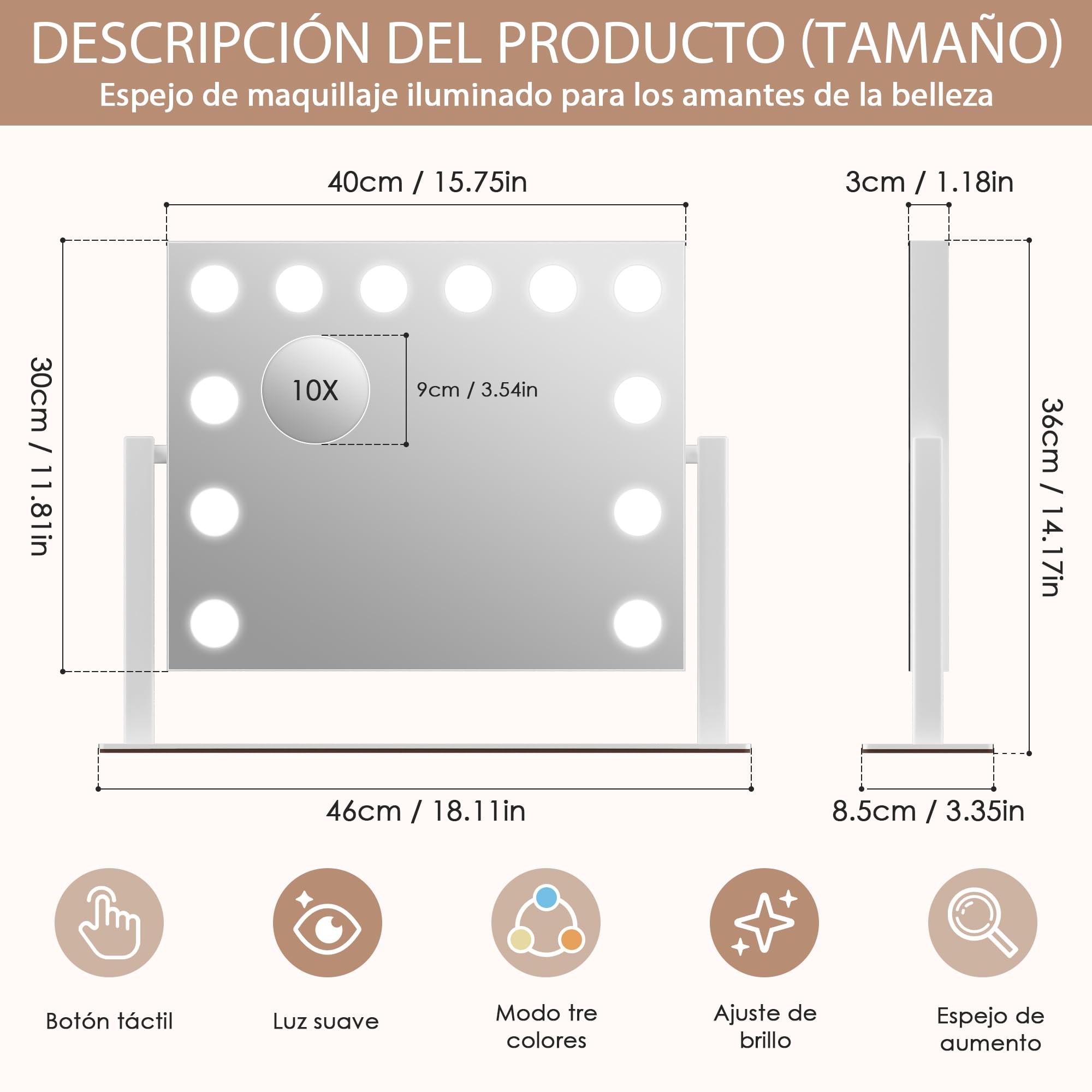 Sucedey Espejo de tocador, Espejo de Maquillaje Hollywood con 12 Bombillas, 3 Modos de Color y Brillo Ajustable, Control táctil, Espejo de Zoom Desmontable de 10X (Blanco)