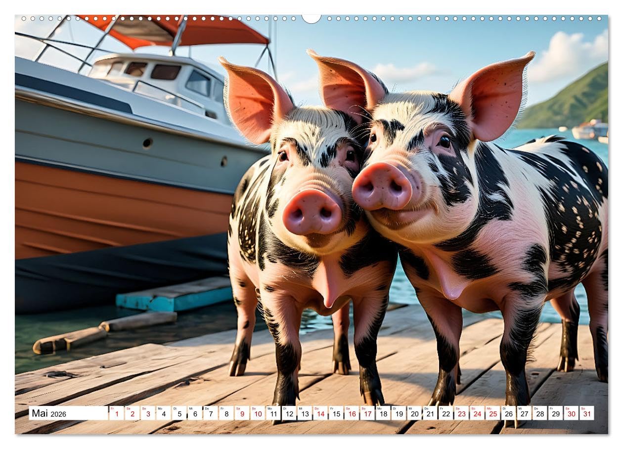 Schwimmende Schweine im Paradies (hochwertiger Premium Wandkalender 2026 DIN A2 quer), Kunstdruck in Hochglanz: Niedliche Schweinchen tummeln sich an ... in kristallklaren Gewässern (CALVENDO Tiere)