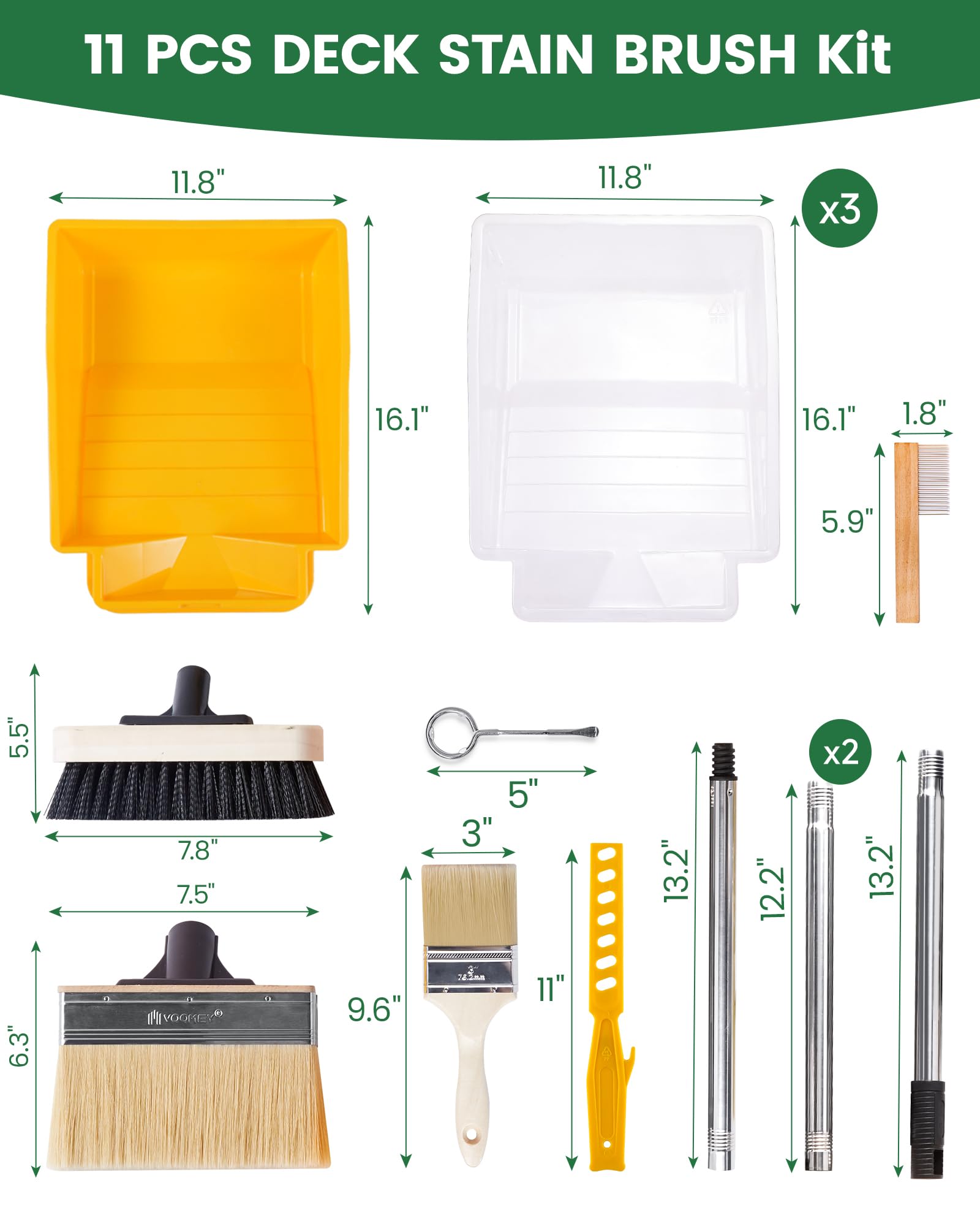 Voomey Kit de cepillos de cubierta de alta resistencia de 7.5 pulgadas, barra de extensión ajustable de 53 pulgadas, cepillo de fregado de suelo, bandeja de pintura de 9 pulgadas con forro, cepillo