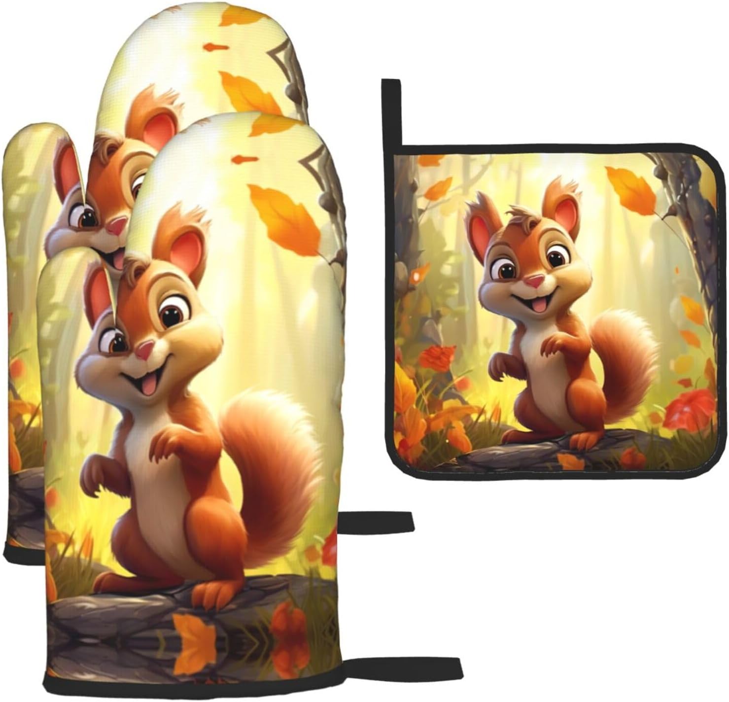Cartoon Squirrel Print Heat Resistant Microwave Gloves, Used for Baking, Cooking, and Fashion Kitchen Essentials