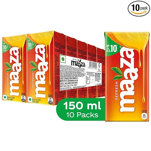 Maaza Mango Drink, Original Flavour| Ready to Serve Fruit Drink, 135ml Tetra Pack (Pack of 10)