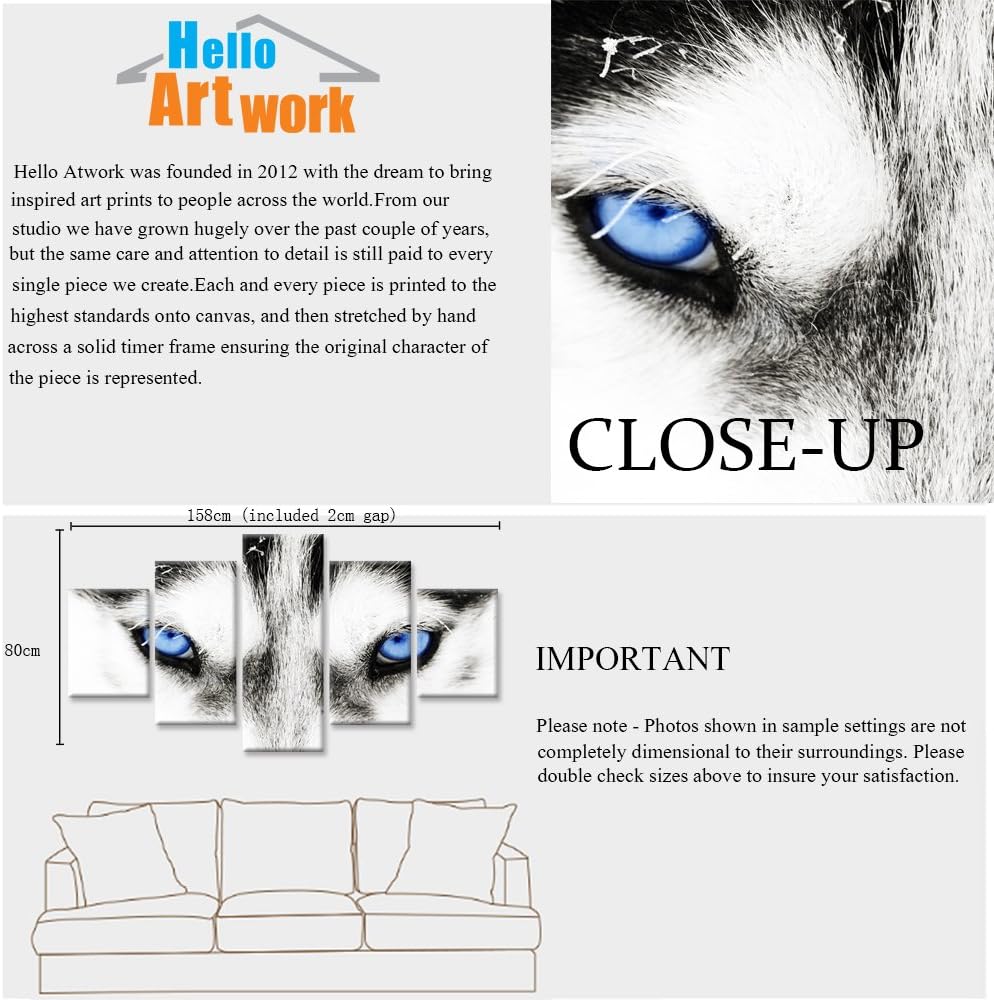 Large 5 Pieces Wolf Canvas Wall Art Black and White Wolf Dog Blue Eyes Animal Face Head Series Abstract Picture Painting Artwork for Living Room Home Decor Ready to Hang