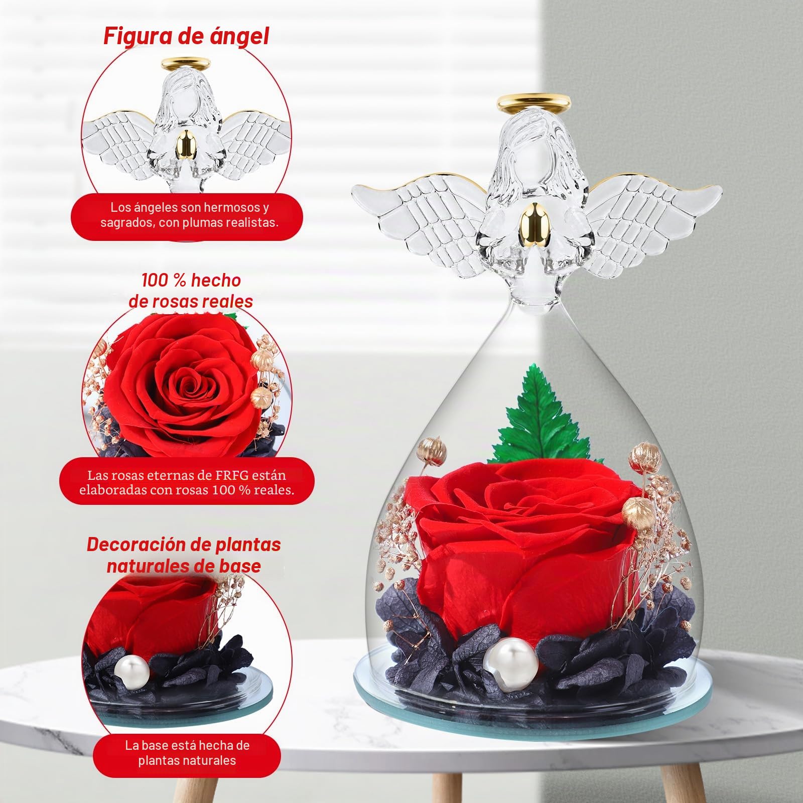 Regalos de Angel Rosa Eterno para Mujeres, Regalos Originales para Madres, Rosas Preservadas en Figuras de Angel de Vidrio, Angeles de Flores para Mamá, Abuela, Esposa, Hermana, Novia (Rojo)