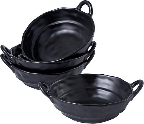 Miniatura 2 de Bruntmor Juego de 4 tazones de sopa de porcelana de 20 onzas con asas, 20 onzas, de porcelana negra, de cebolla francesa, para cocina, guarnición o