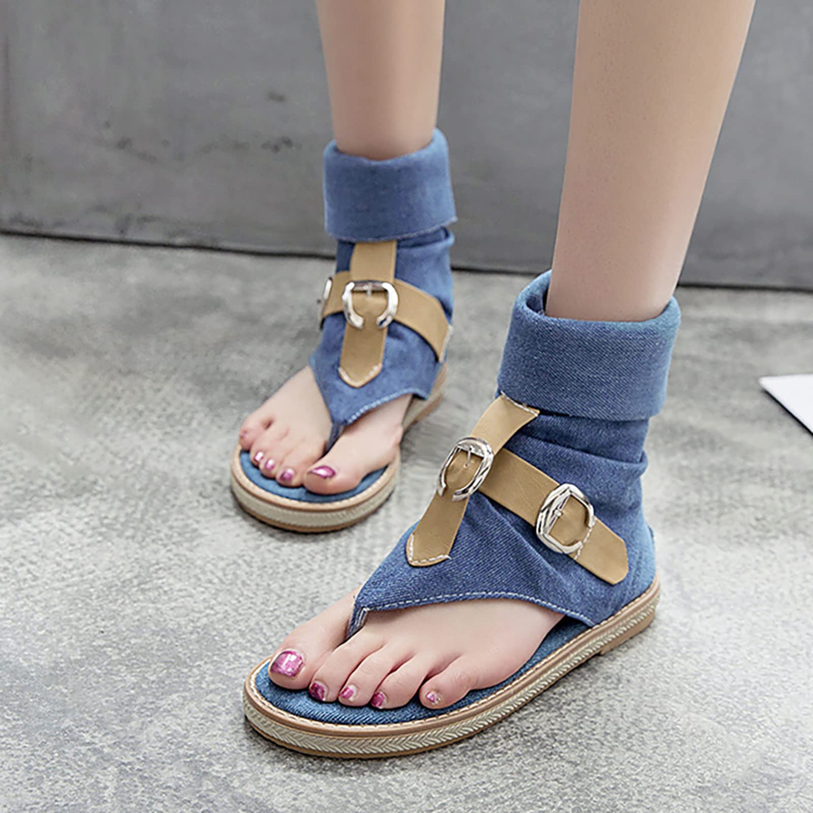 Generico Sandali Da Donna Infradito Comodi Estivi Per Commercio Estero Transfrontaliero Scarpe Con Fibbia Cintura In Pelle Di Jeans Barefoot Estive Eleganti Bassi Ciabatte Comode Estiva Sandalo