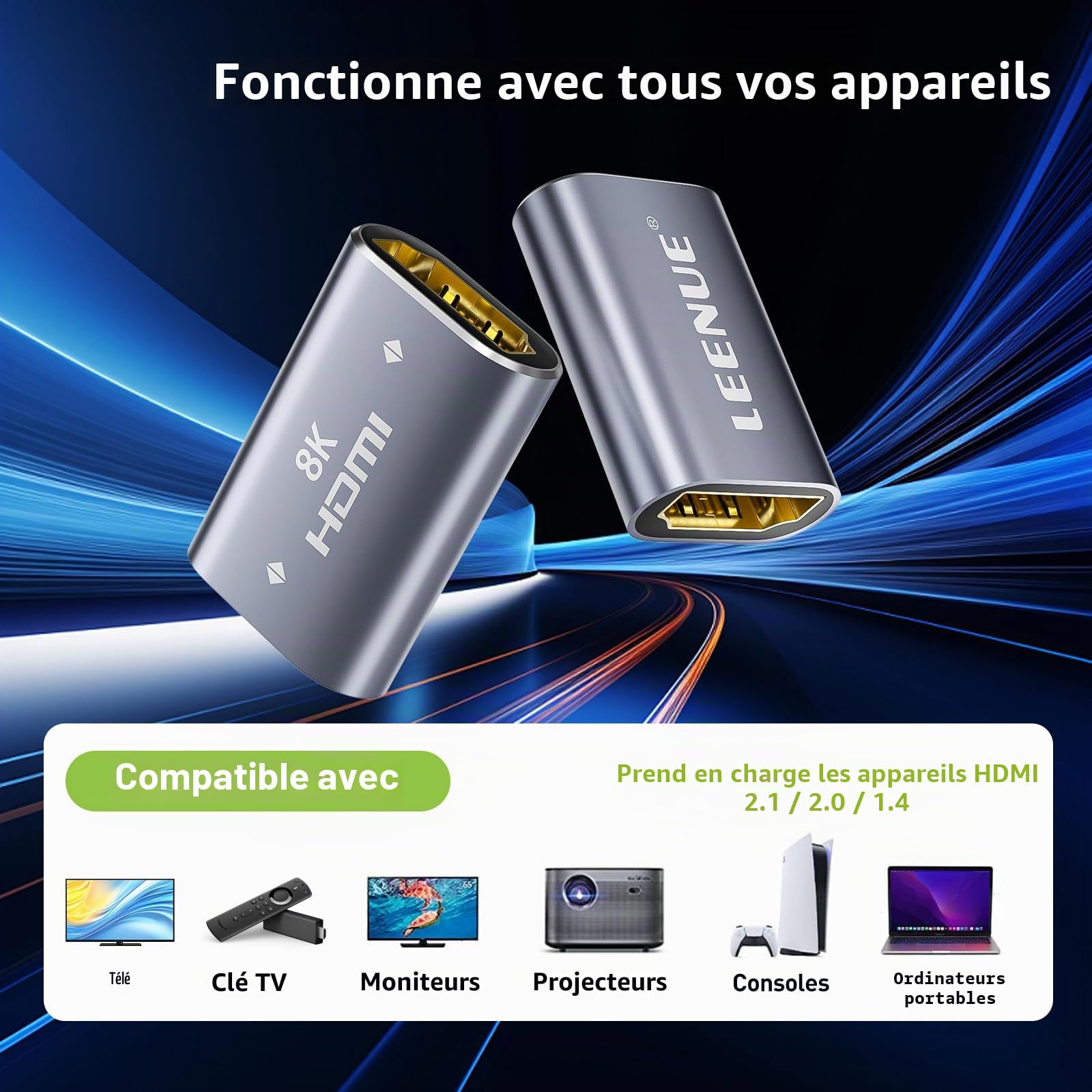 Connecteur HDMI 8K, 2 pièces Rallonge HDMI 2.1 Connecteur Femelle vers Femelle, Adaptateur prenant en Charge 8K@60Hz, 4K@120Hz UHD HDR eARC 3D Dolby, pour Ordinateur Portable, PC, Moniteur