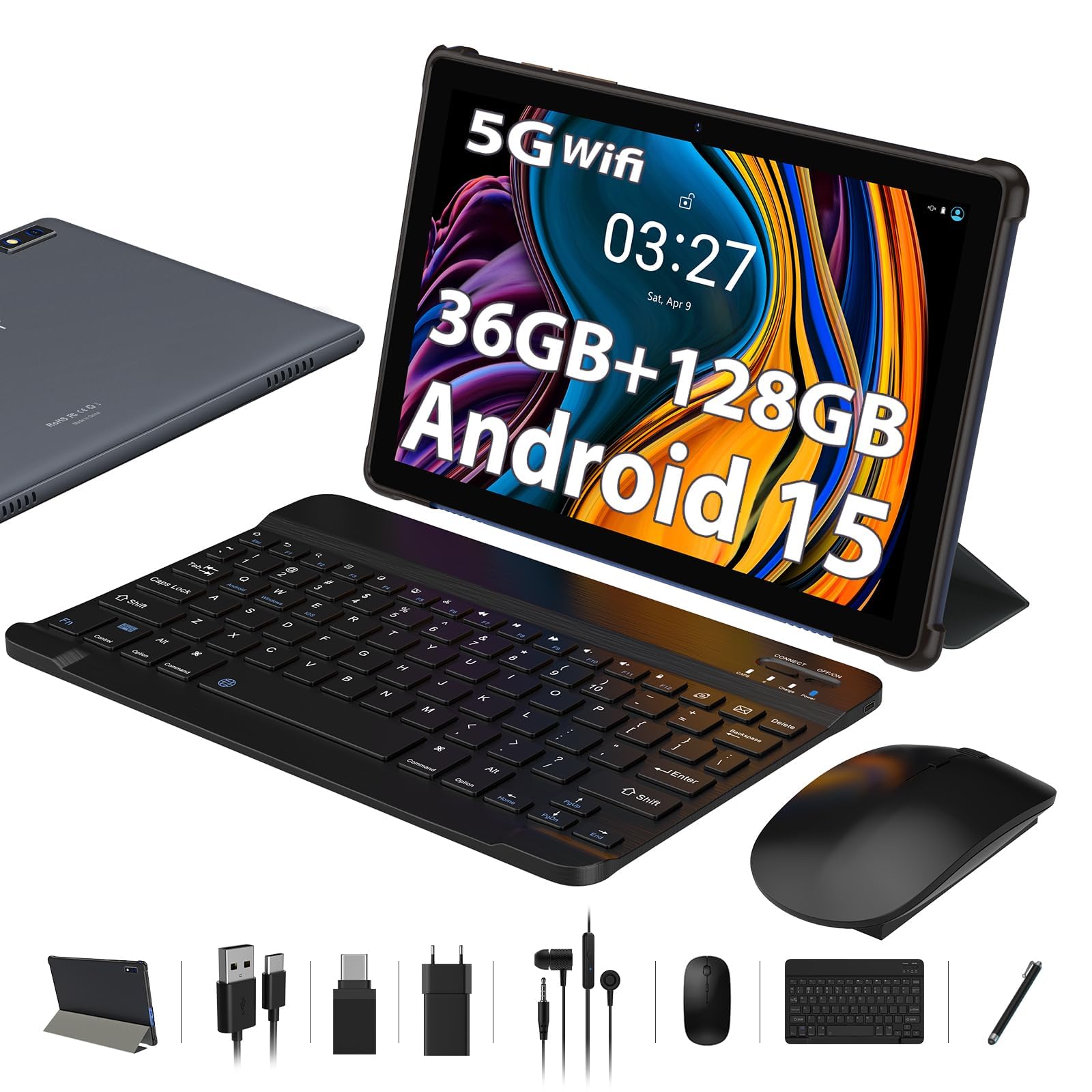 Tablet 10 Zoll, Touchscreen mit 36 GB RAM 128 GB ROM/2 TB TF, Octa-Core 2,0 GHz, 5G WiFi, WiFi 6, Widevine L1, GMS-zertifiziert, 8 MP, Android 15 Tablet mit Tastatur/Hülle/Kopfhörer/Maus/Eingabestift