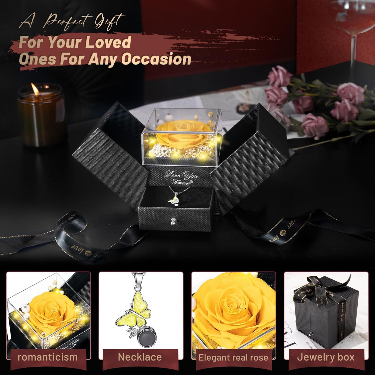 DRTINA Preserved Yellow Real Rose with I Love You Butterfly Necklace-Eternal Flowers Rose Birthday Gifts for Women Wife Mom Girlfriend Grandma on Mothers Day Valentines Anniversary Christmas Romantic