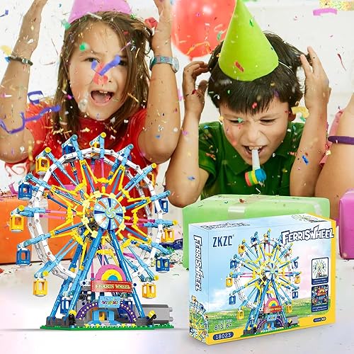 Miniatura 7 de Benuefe Juego de bloques de construcción de rueda de fortuna giratoria con kit de iluminación, kits de construcción de parque de atracciones de