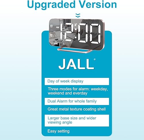 Miniatura 5 de Reloj de alarma LED digital delgado, superficie de espejo para maquillaje, con atenuación, pantalla grande, configuración fácil, puertos USB,