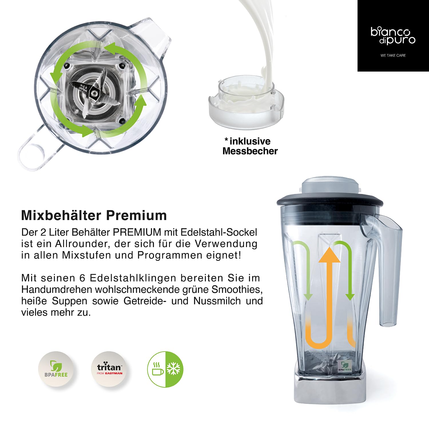 bianco di puro® Hochleistungsmixer Puro S Smoothie Maker 8 Mixprogramme 2 Liter Mixbehälter BPA-frei - Weiss