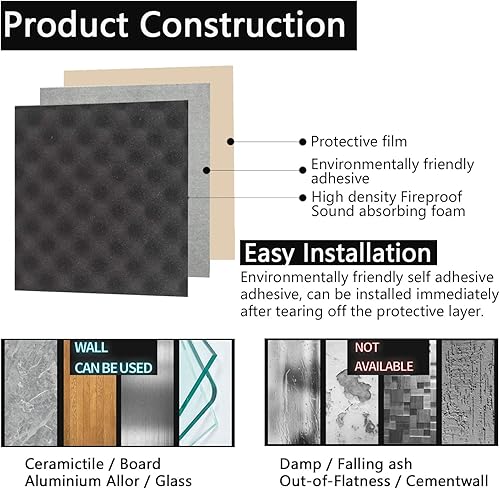 Miniatura 2 de Paquete de 12 paneles de espuma acústica autoadhesiva de 2 x 12 x 12 pulgadas, a prueba de sonido, 55.1 lbsm, espuma amortiguada absorbente de
